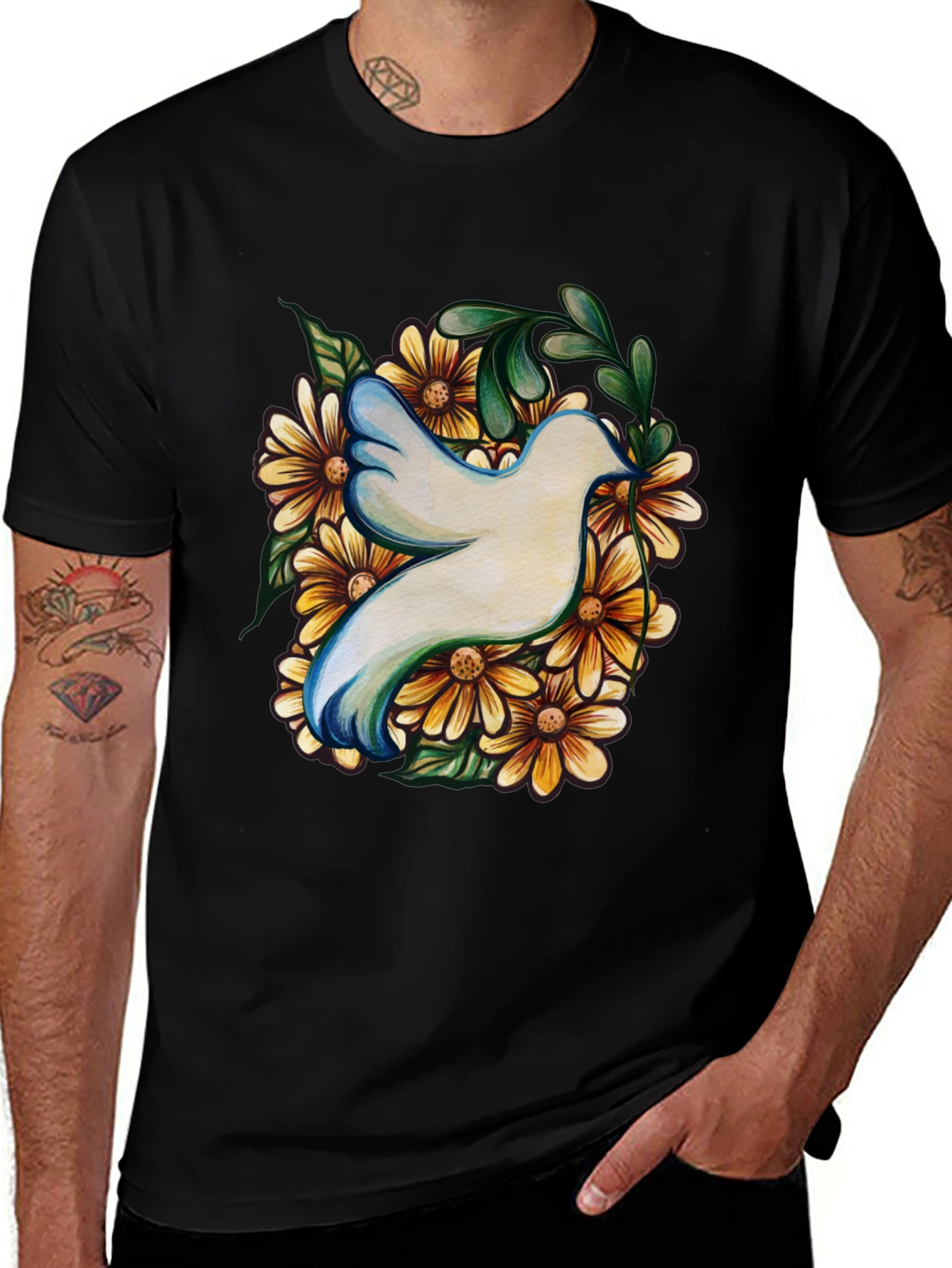 Variant 26 of Dove & Flowers Graphic Tee - Soft Cotton Comfort