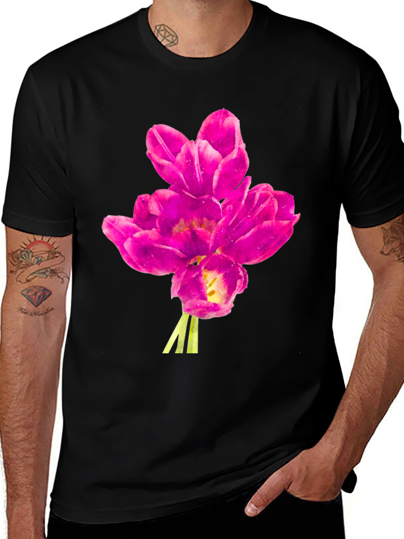 Variant 21 of Floral Print Tee - Pink Tulips on Black