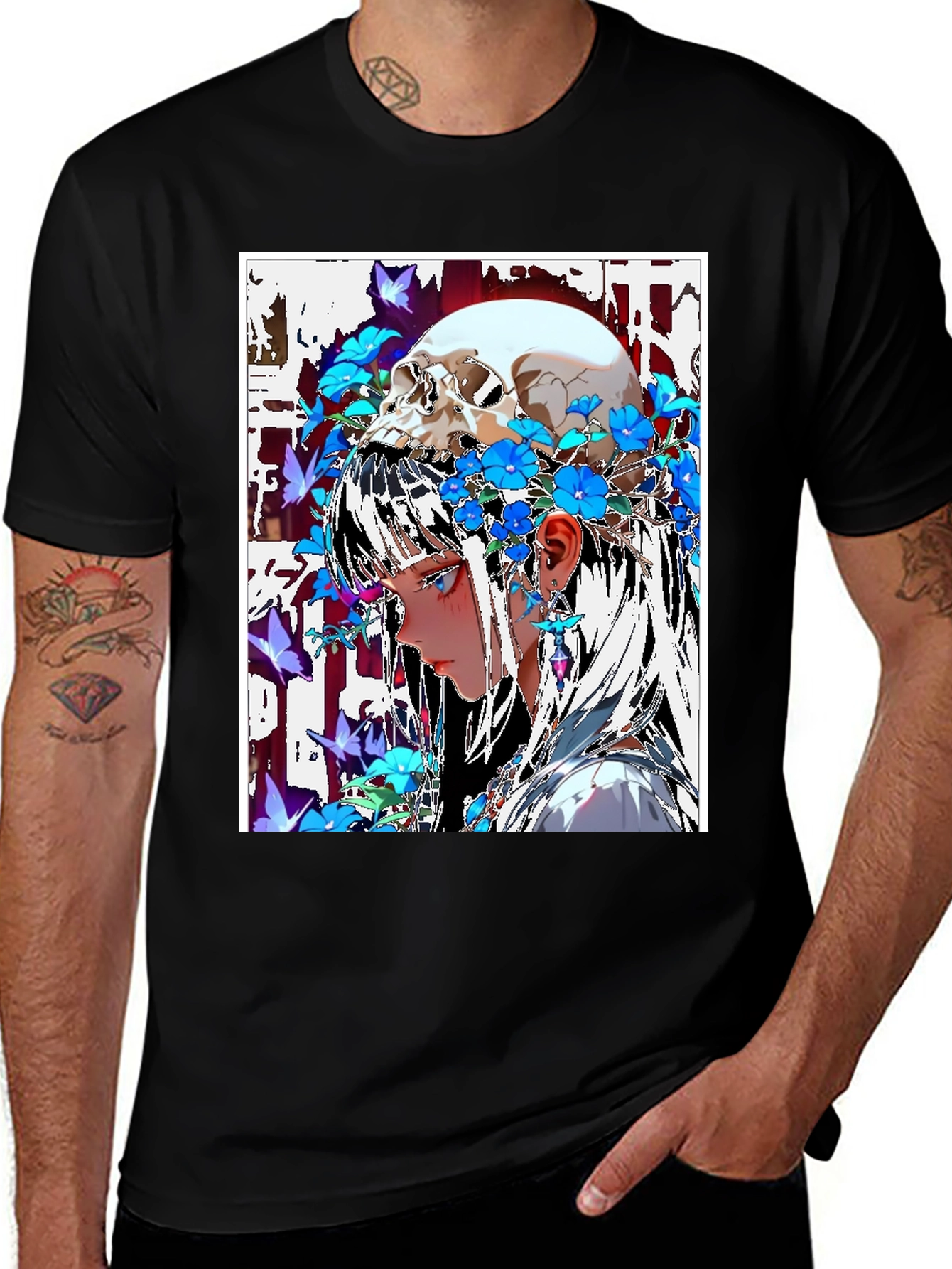 Variant 29 of Skull & Flower Anime T-Shirt - Black Graphic Tee