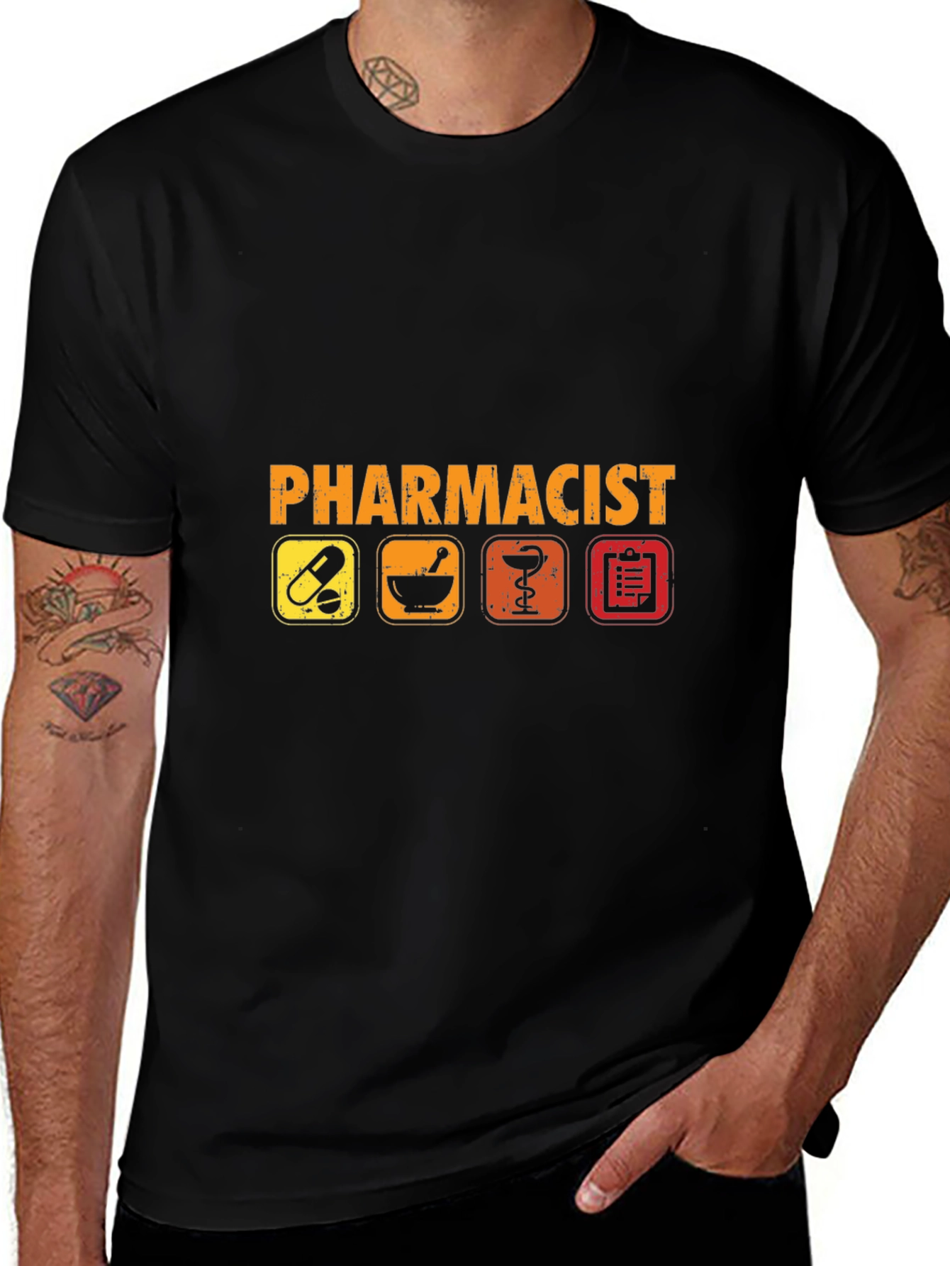 Variant 26 of Pharmacist Graphic T-Shirt - Pill, Mortar, and Caduceus Design