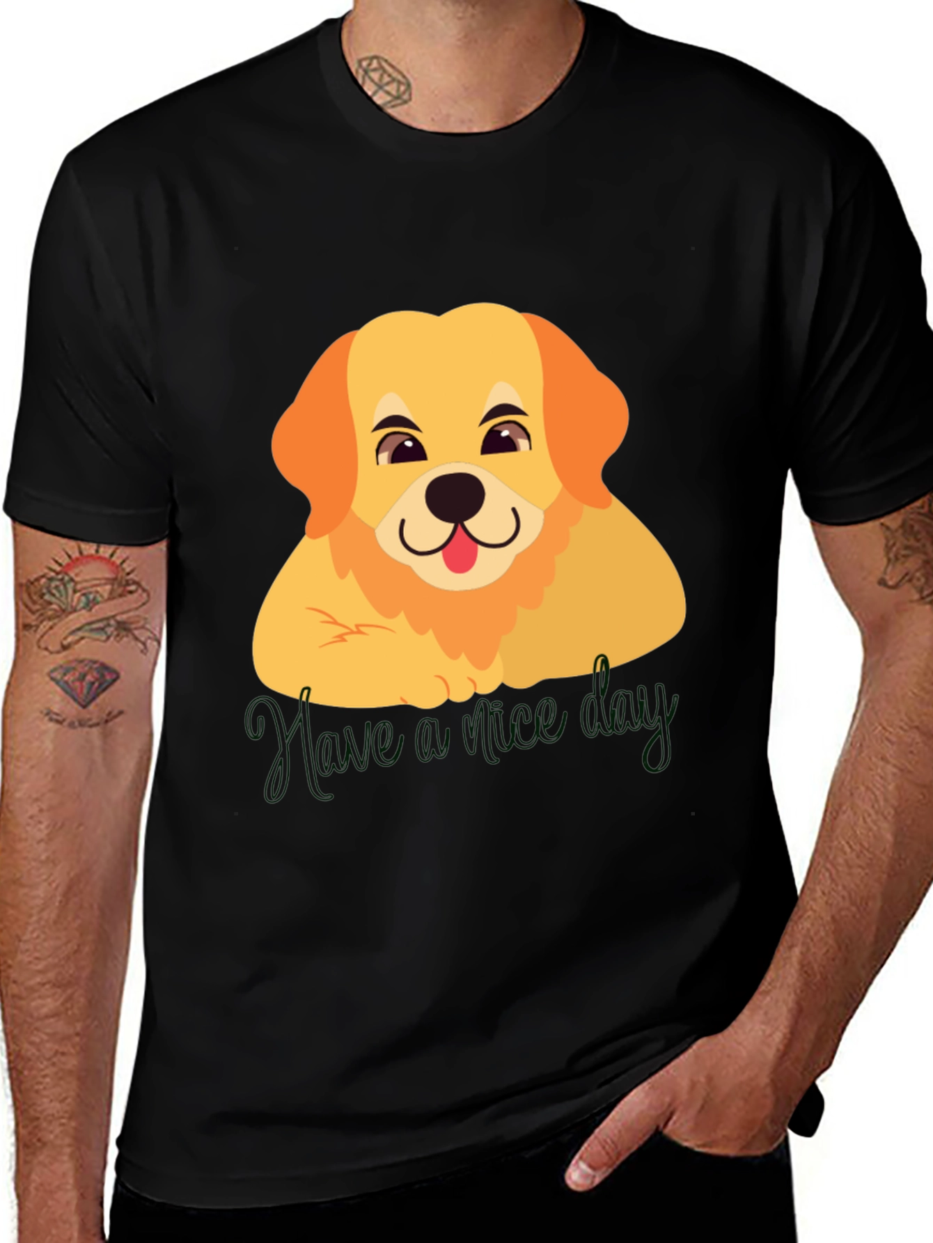 Variant 23 of Cute Golden Retriever "Have a Nice Day" Black T-Shirt
