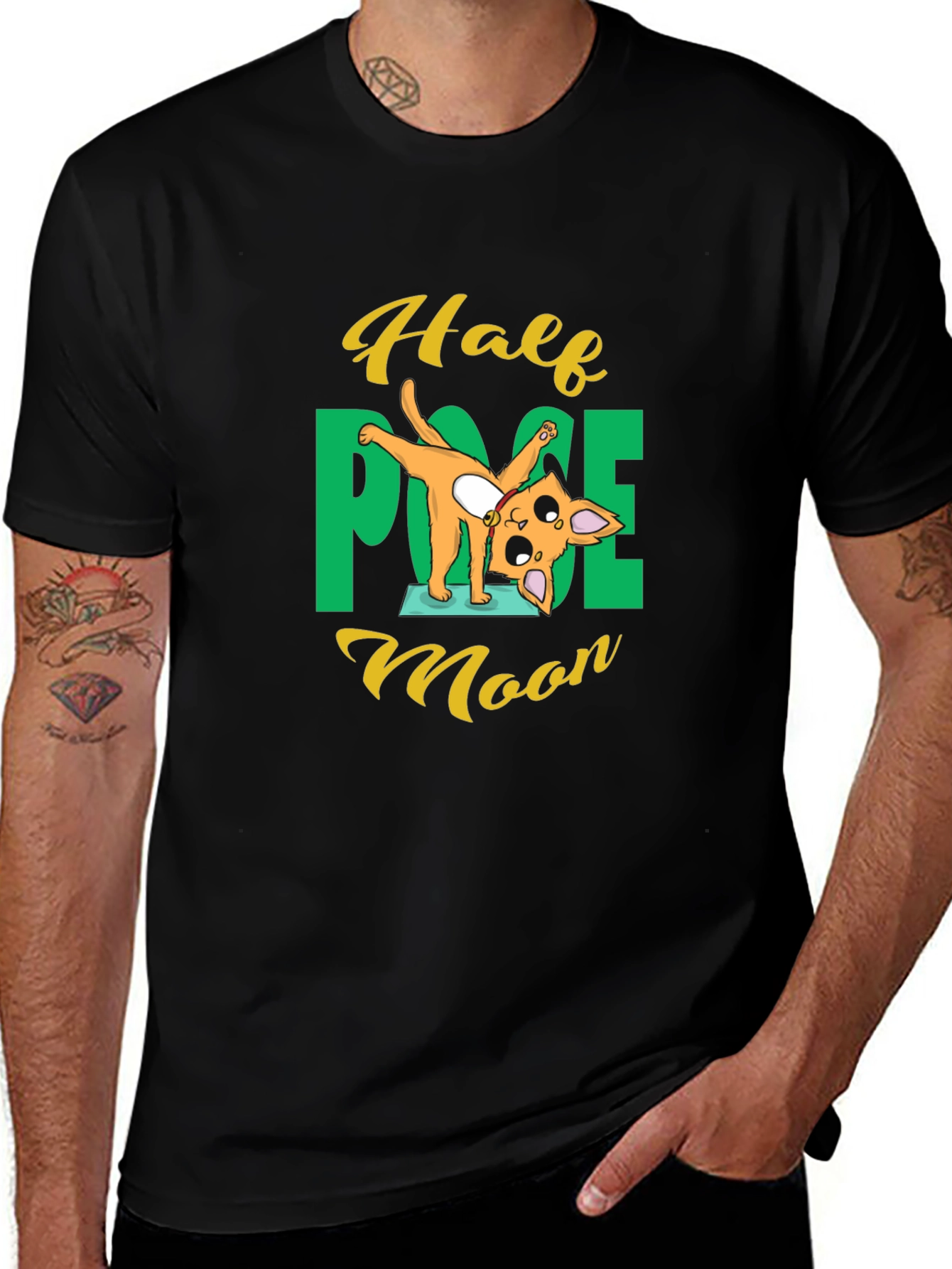 Variant 14 of Yoga Cat Half Moon Pose Black T-Shirt