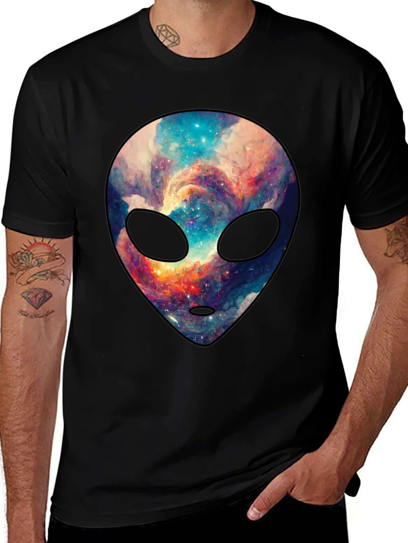Variant 12 of Cosmic Alien Graphic Tee - Trendy Men's Black T-Shirt