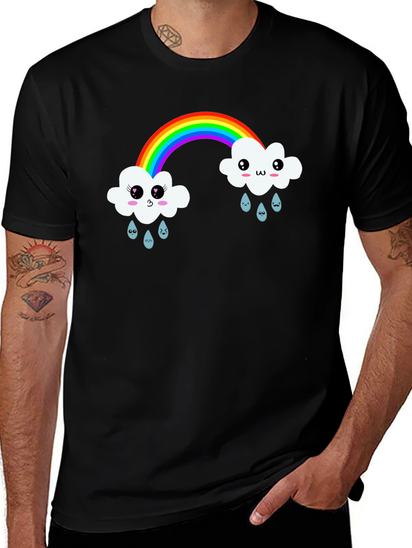 Kawaii Rainbow Cloud Black T-Shirt