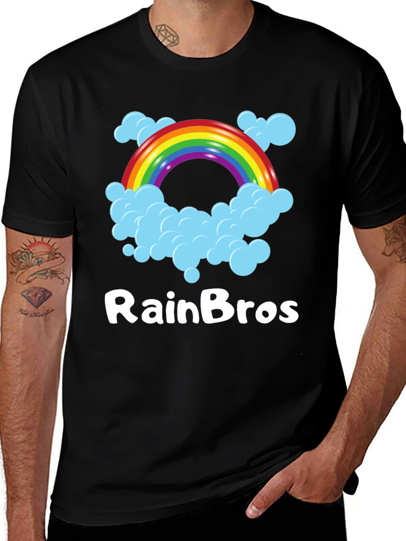 Variant 6 of RainBro Graphic Tee - Rainbow & Clouds Black T-Shirt