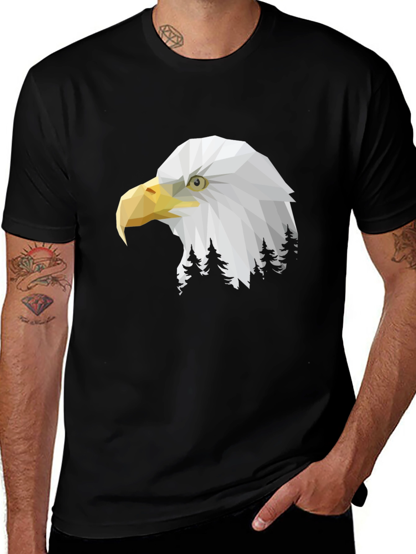 Variant 4 of Geometric Eagle Head Graphic Print Black T-Shirt