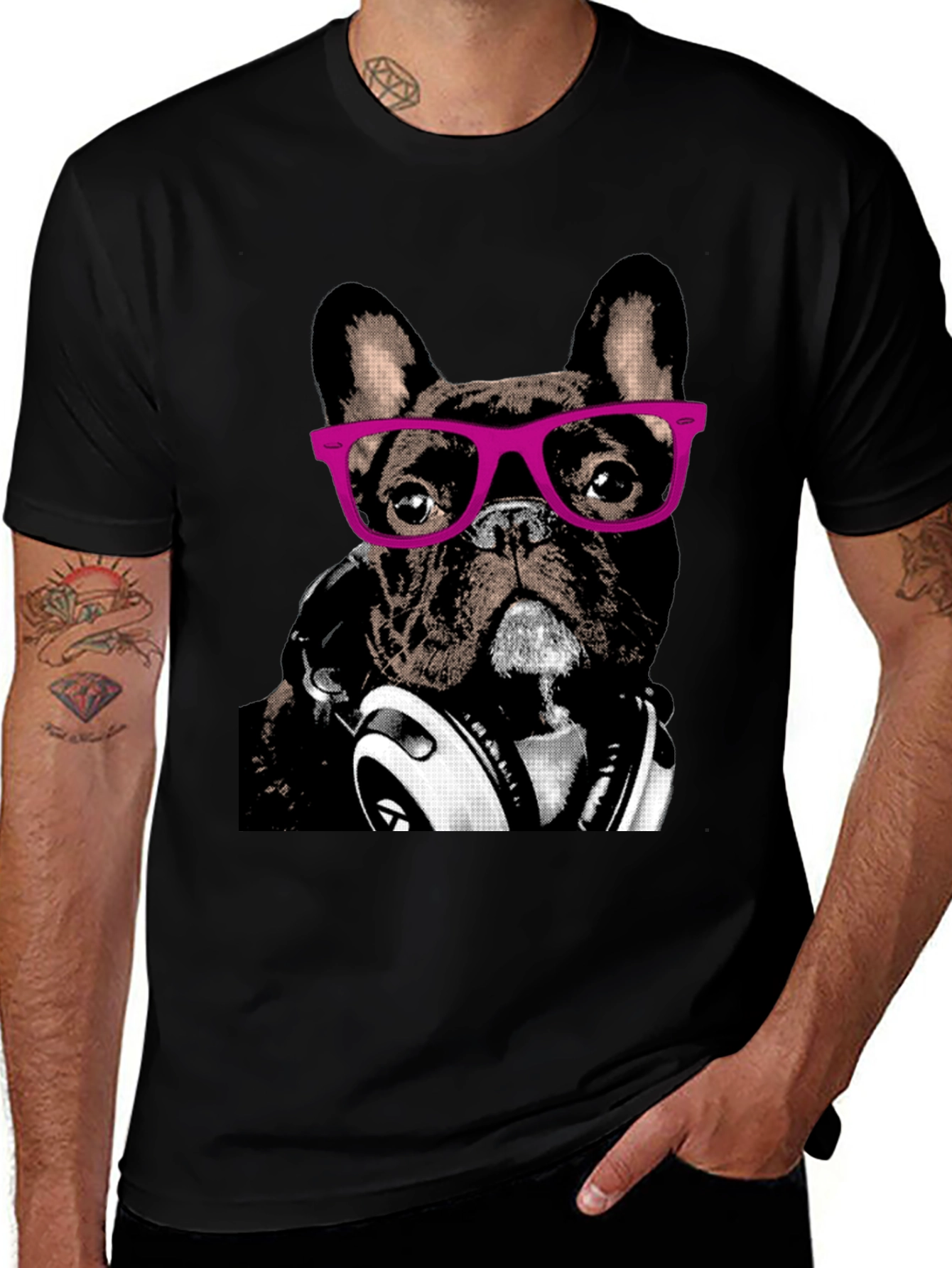 Variant 18 of Dog with Glasses and Headphones Black T-Shirt