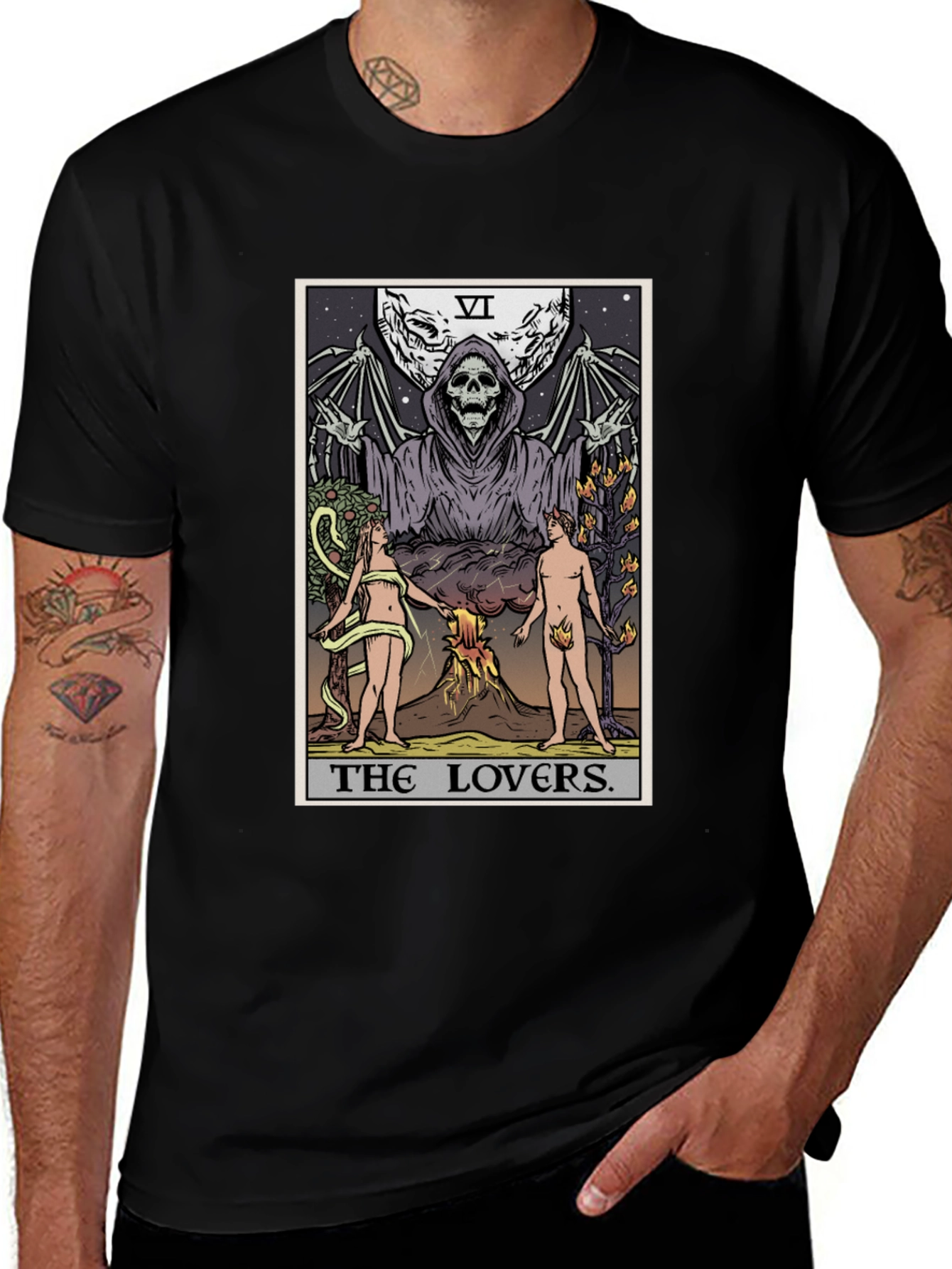Variant 16 of The Lovers Tarot Card Graphic Tee - Unique Gothic Design