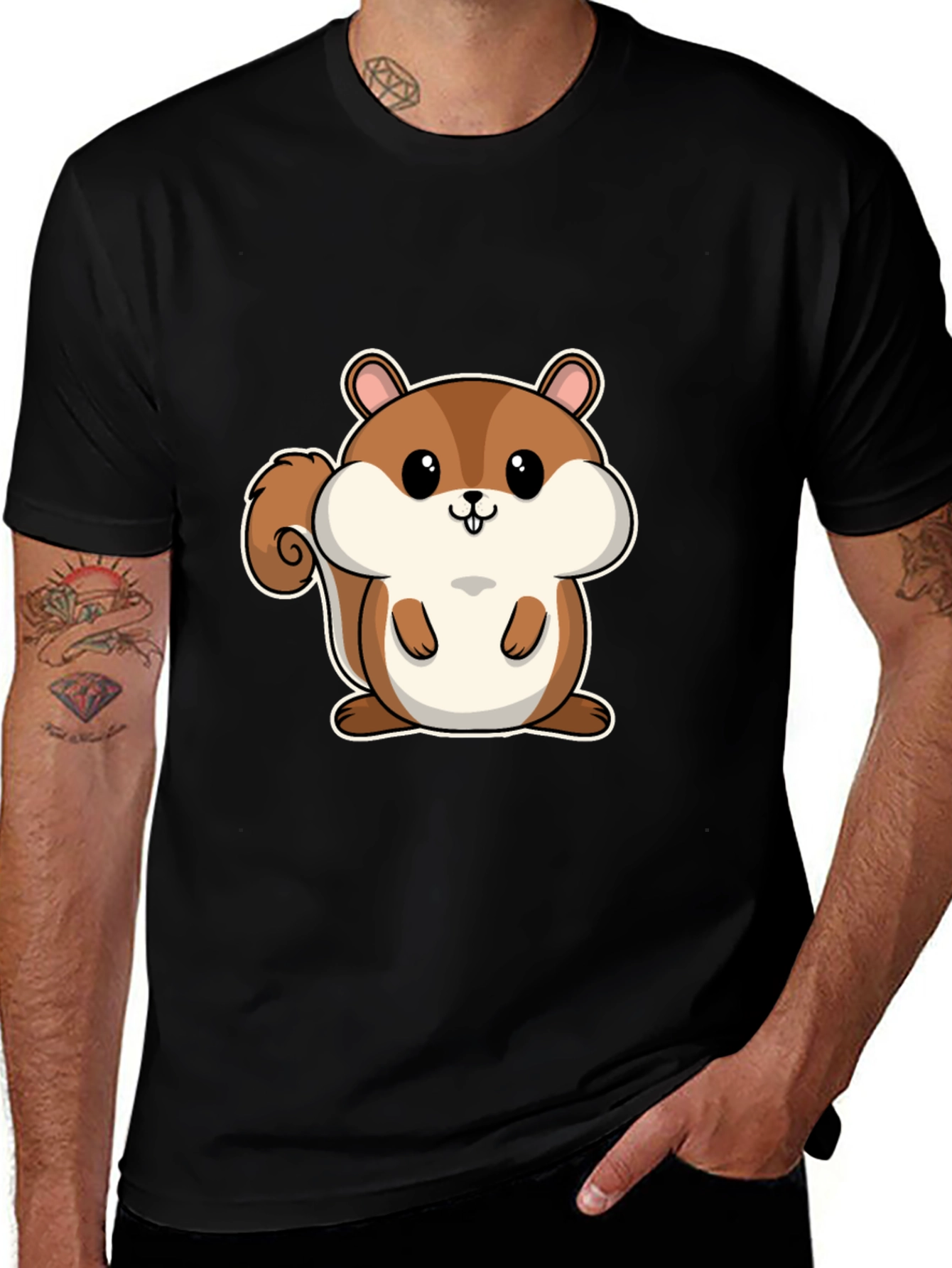 Variant 15 of Cute Squirrel Graphic Tee - Black Cotton T-Shirt