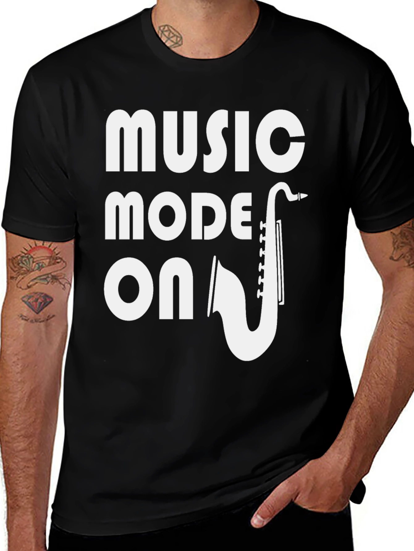 Variant 16 of Music Mode On Graphic Tee - Black Cotton Saxophone Design