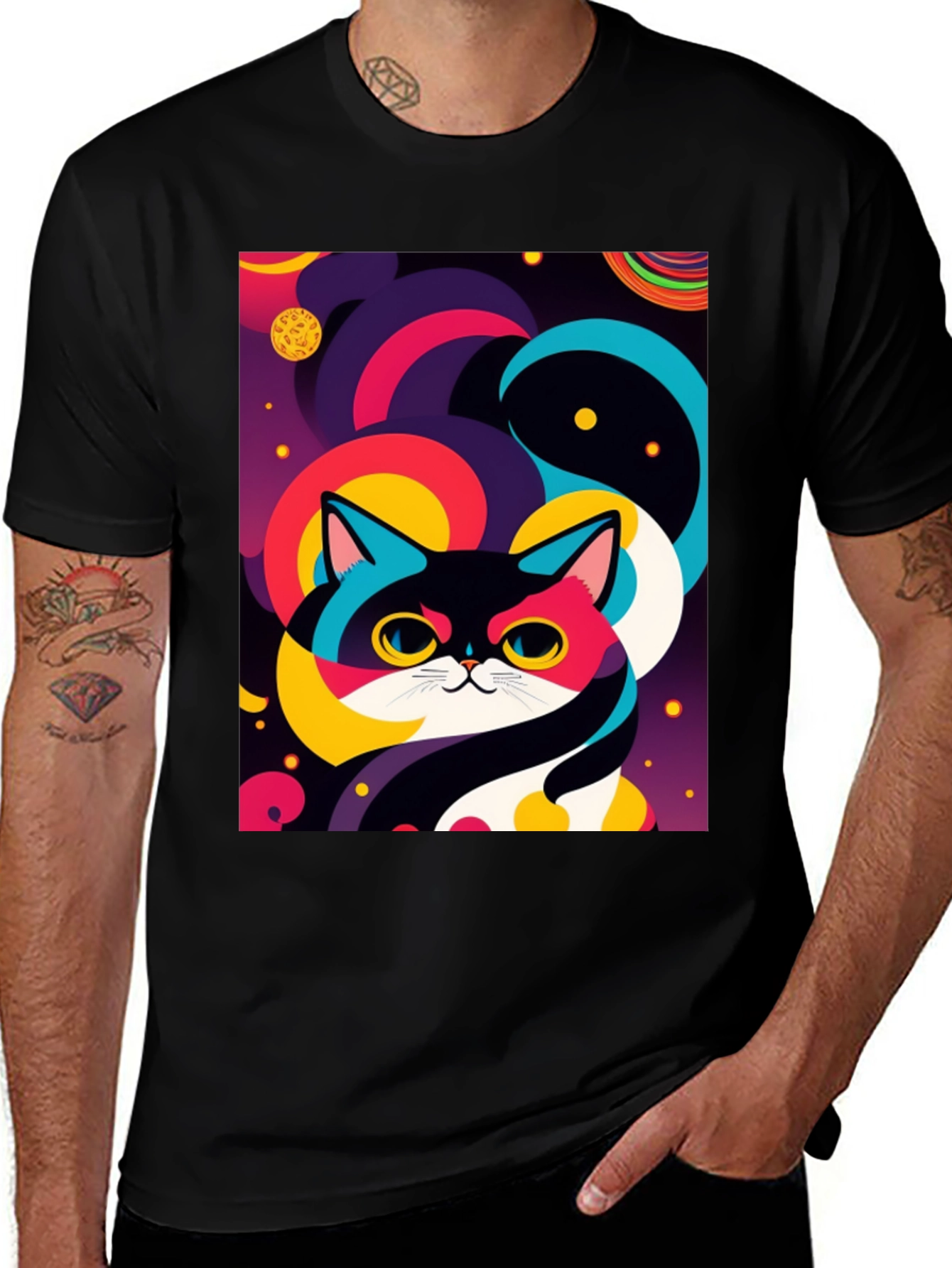 Variant 7 of Psychedelic Space Cat Graphic Tee - Black