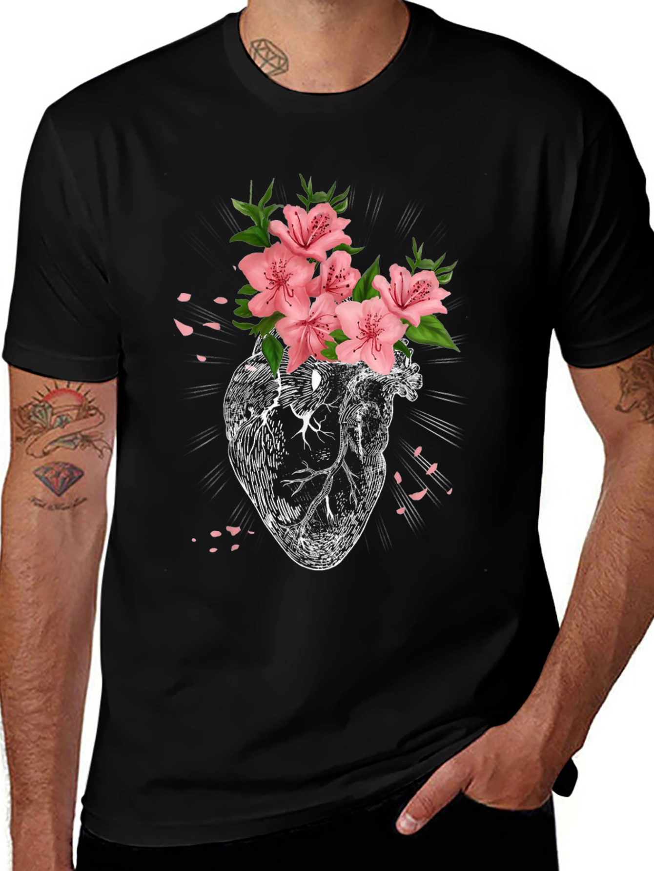 Variant 24 of Floral Heart Graphic Tee - Black Cotton T-Shirt