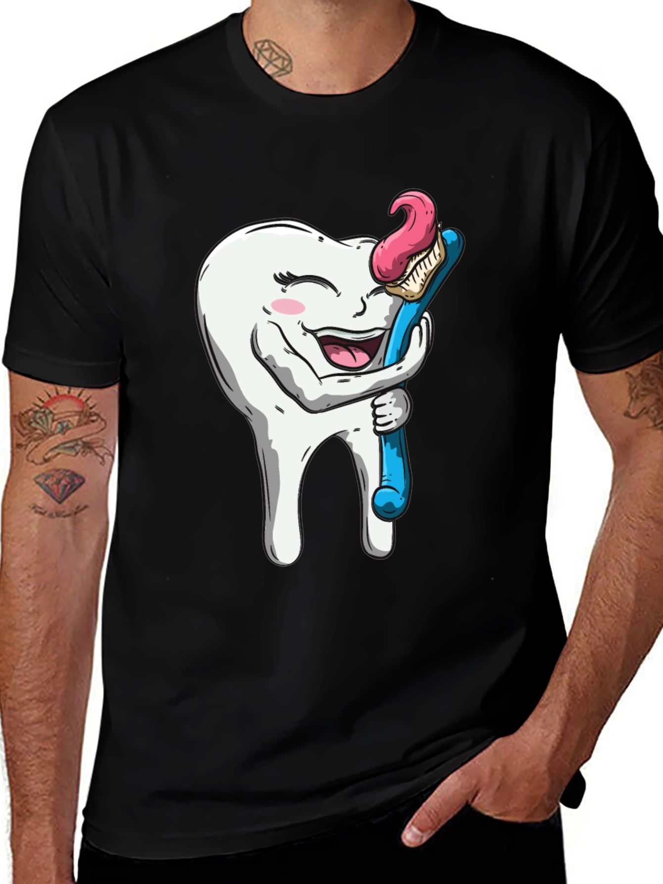 Variant 25 of Funny Tooth Hugging Toothbrush Black T-Shirt