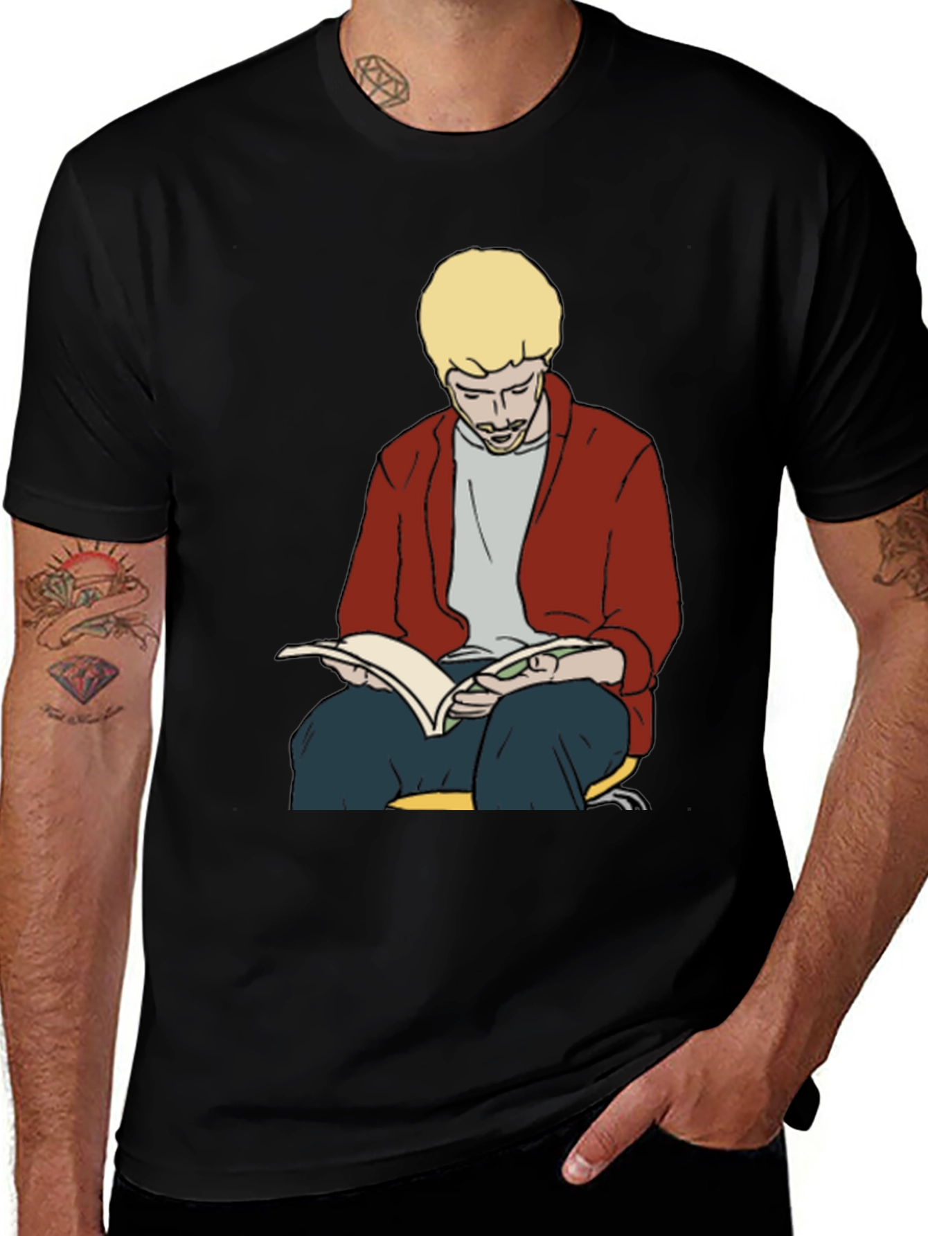 Man Reading Book Graphic Tee - Casual Black T-Shirt