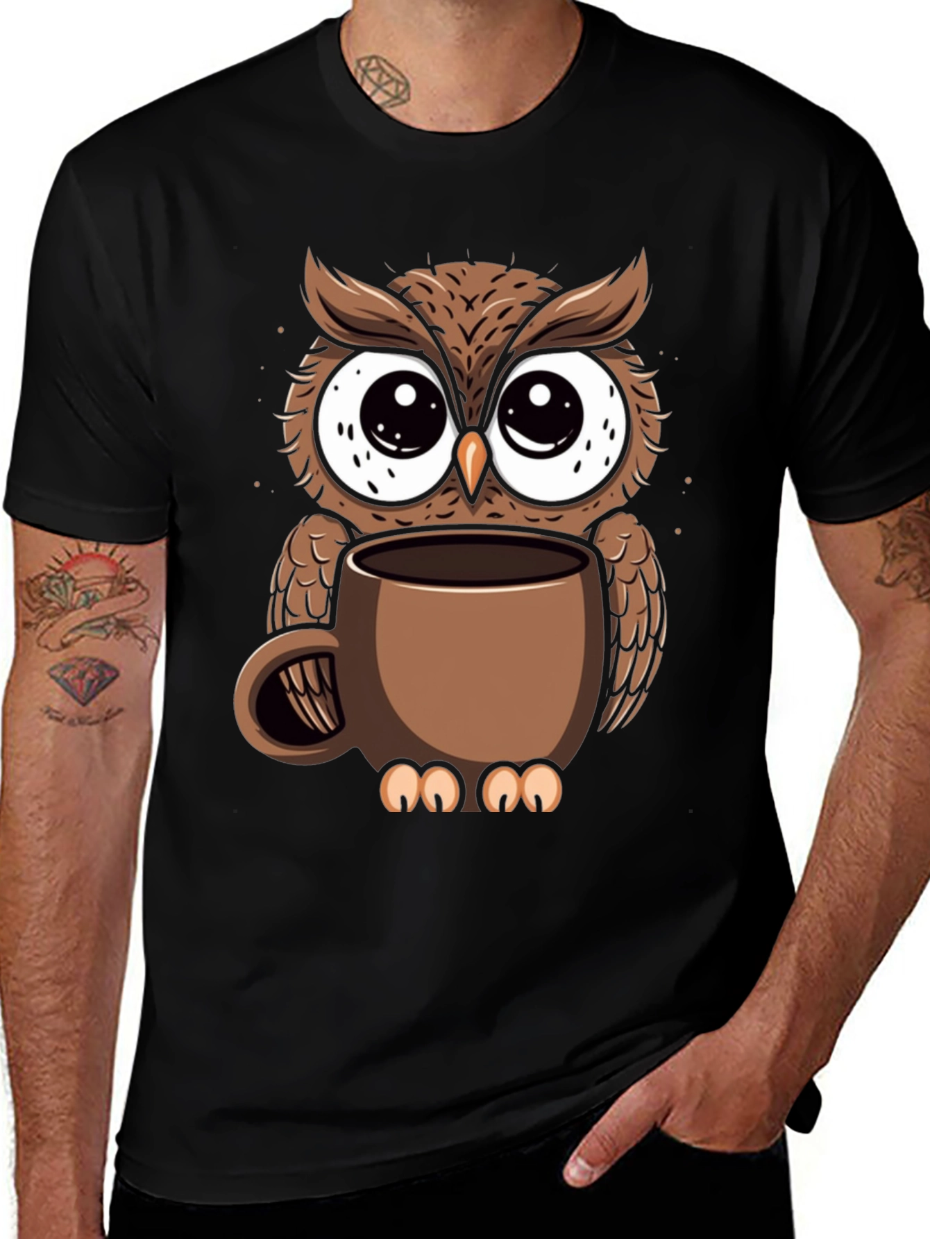 Variant 17 of Owl Coffee Cup T-Shirt - Whimsical Bird Lover Tee