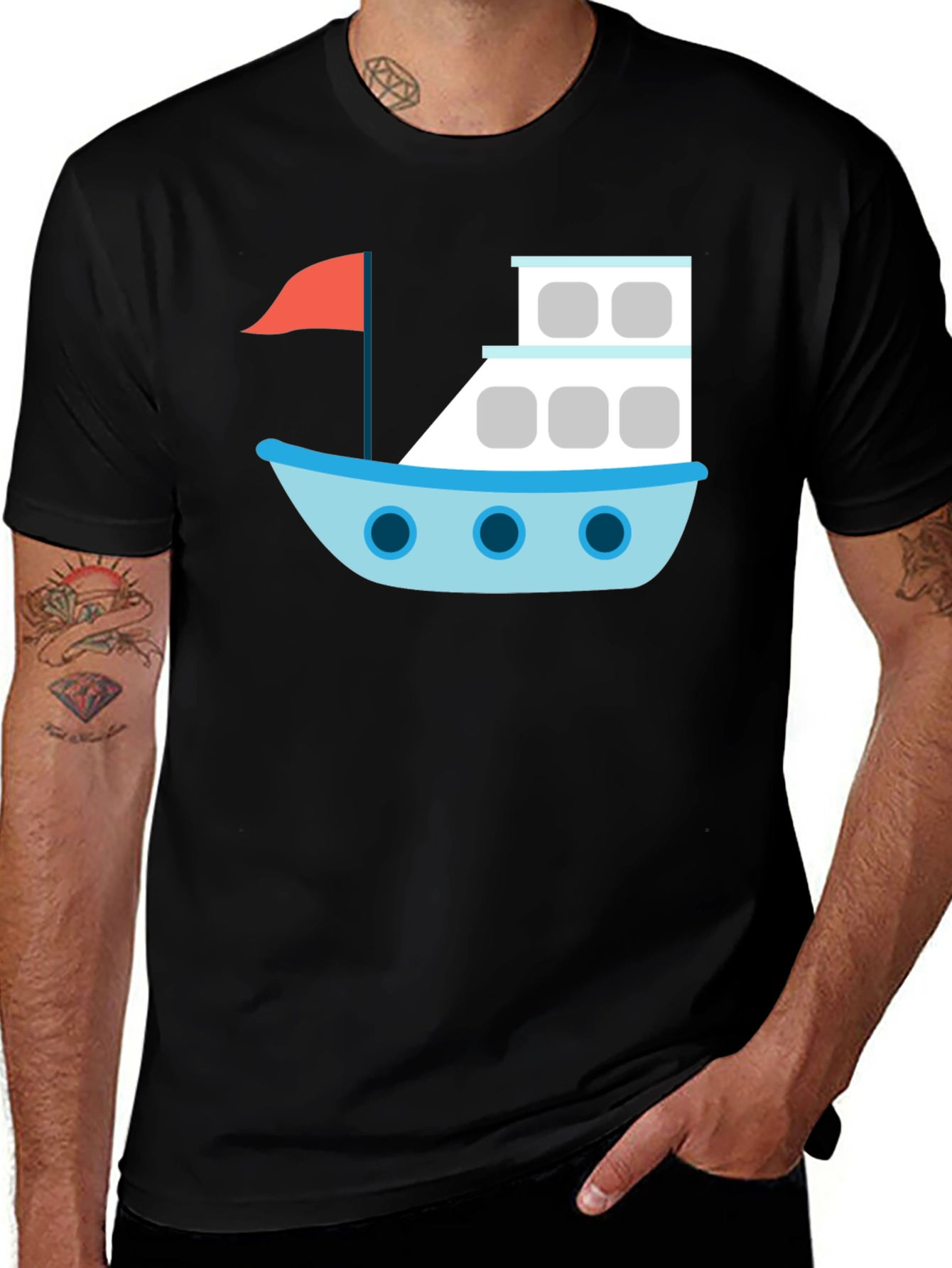 Variant 28 of Black T-Shirt with Cartoon Boat Design
