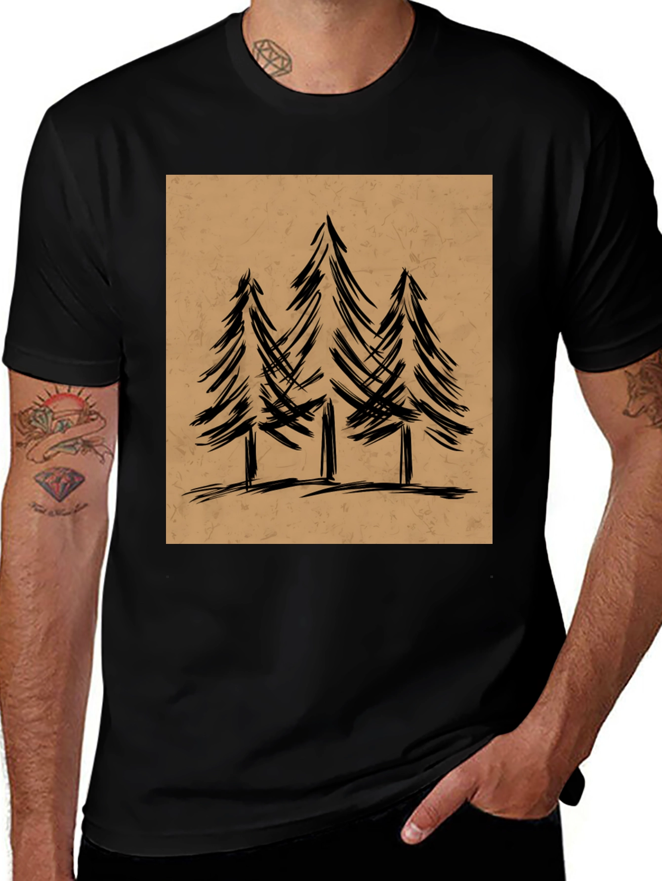 Variant 27 of Men's Black Graphic Tee - Forest Tree Design