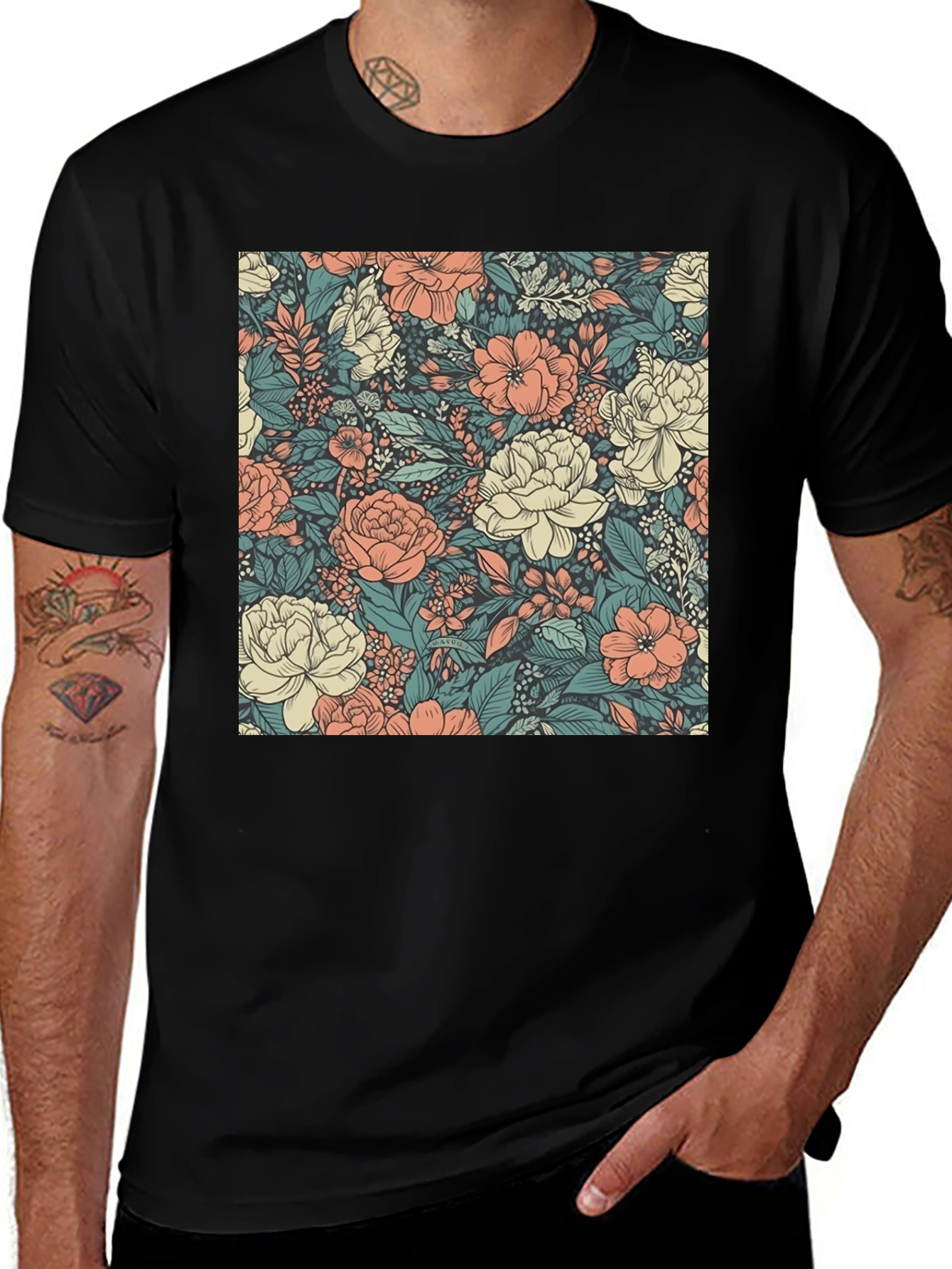 Variant 3 of Floral Print Tee - Stylish Black Cotton T-Shirt