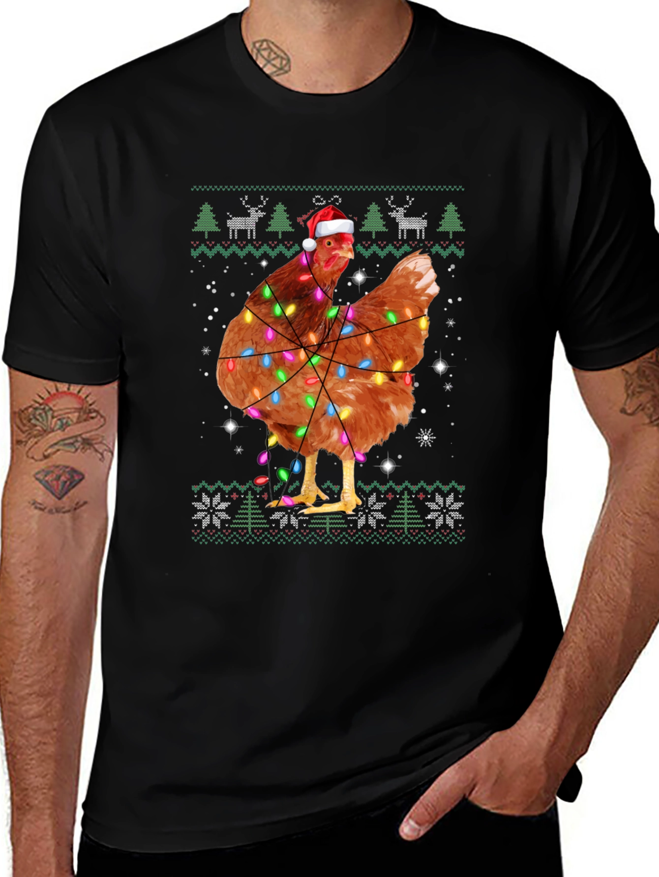 Chicken Christmas Light Ugly Holiday Black T-Shirt