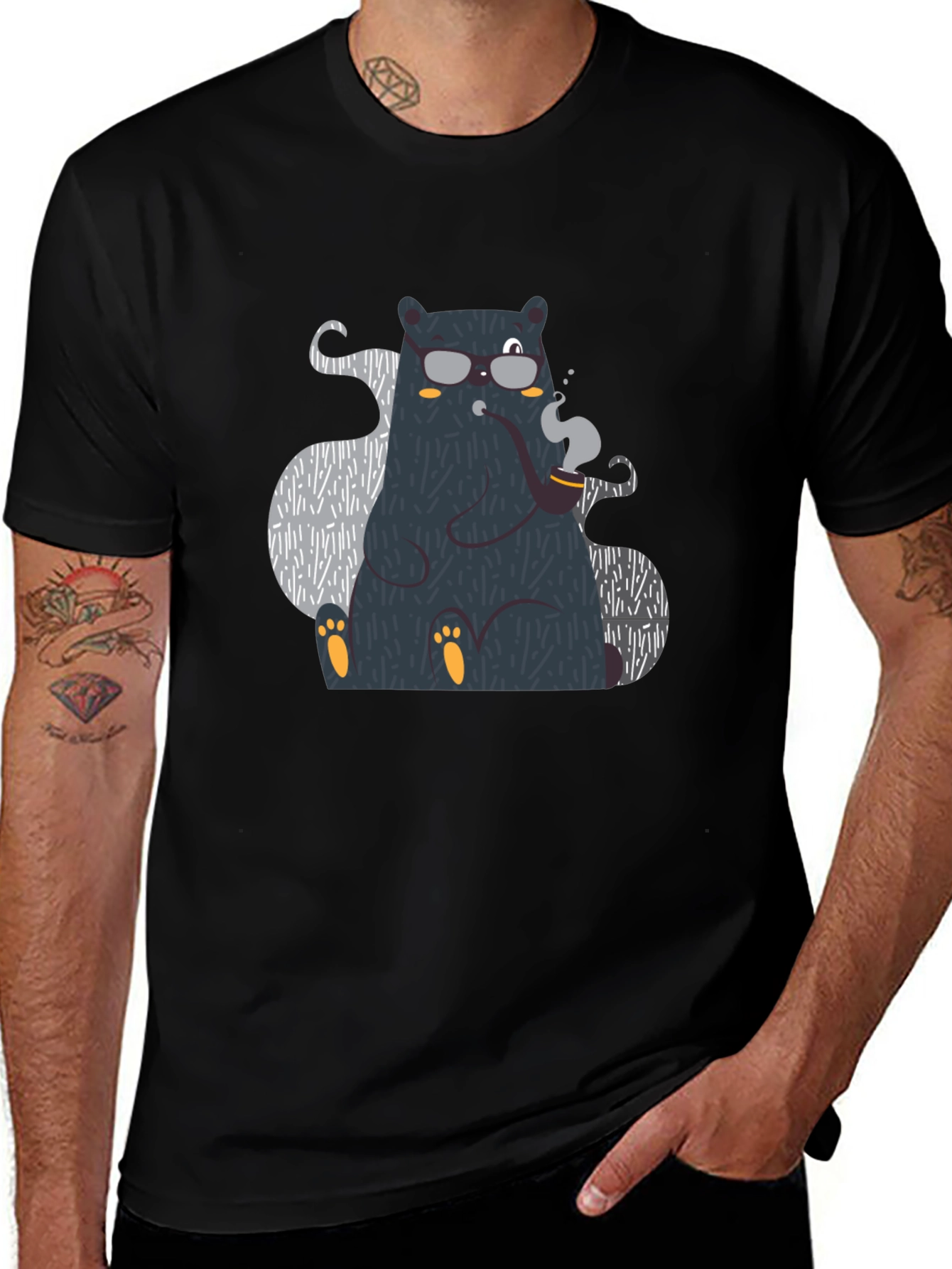 Variant 2 of Cool Bear with Pipe T-Shirt - Black Cotton Tee
