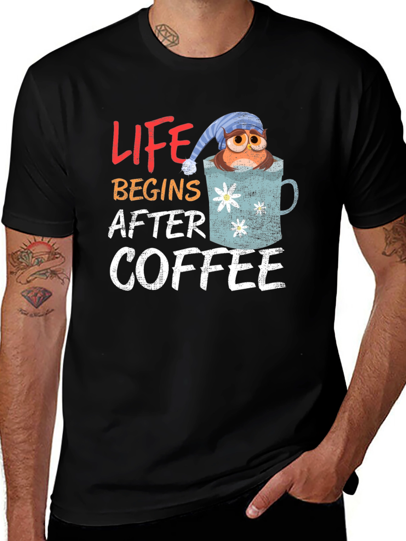 Variant 9 of Life Begins After Coffee Owl in Mug Graphic T-Shirt