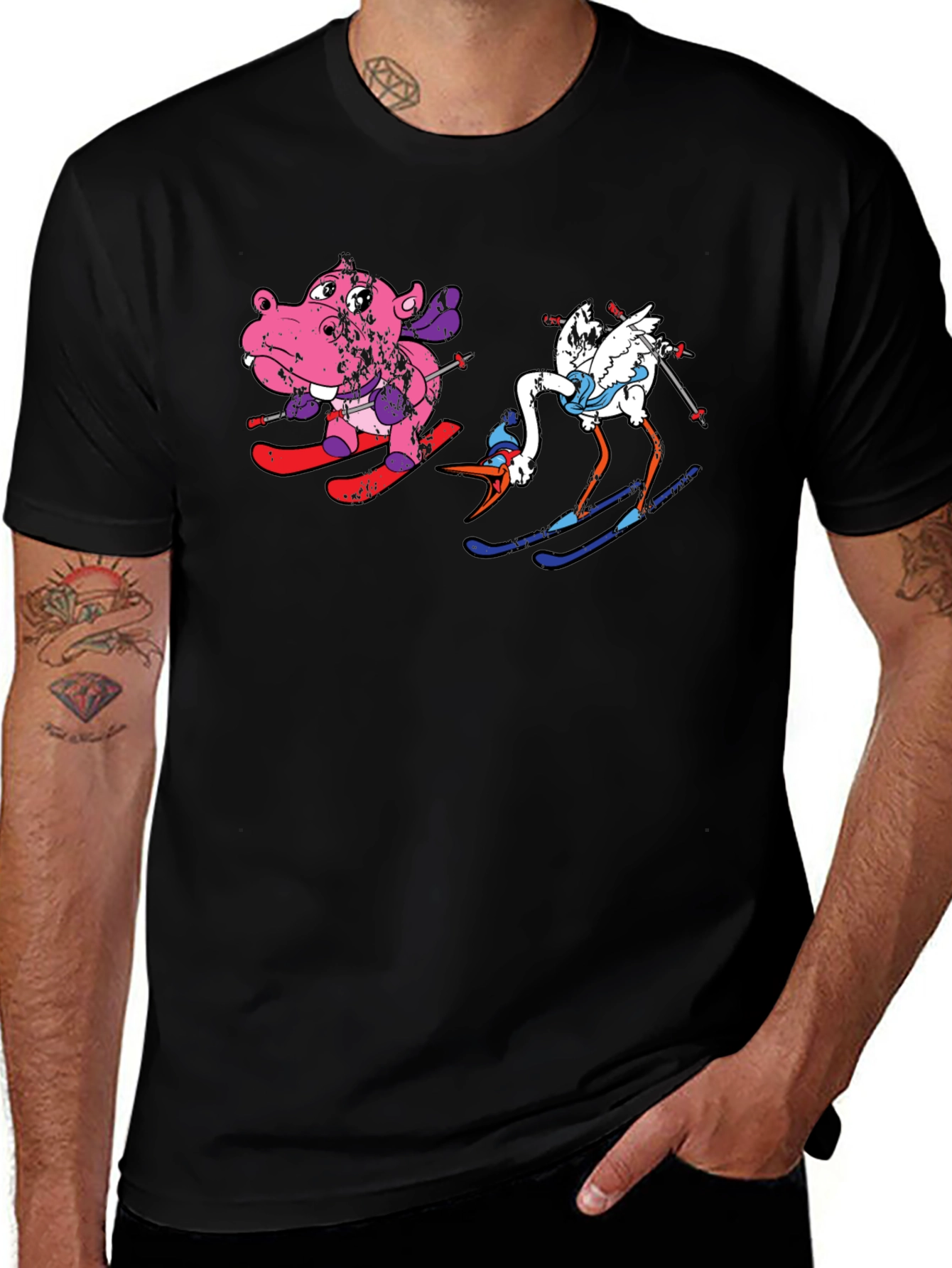 Skiing Animal Cartoon Black T-Shirt