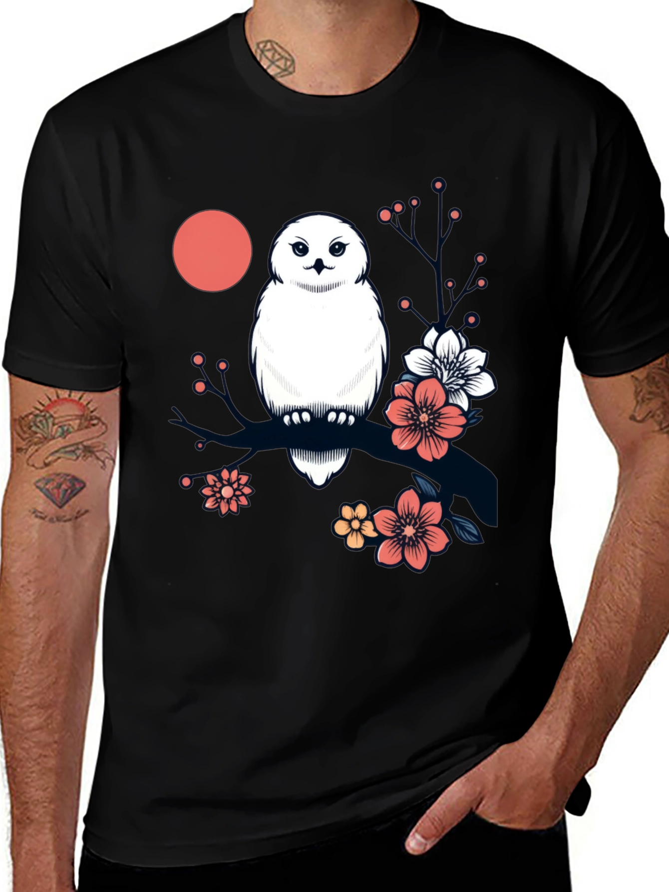 Variant 16 of Owl & Blossom Graphic Tee - Black Cotton T-Shirt