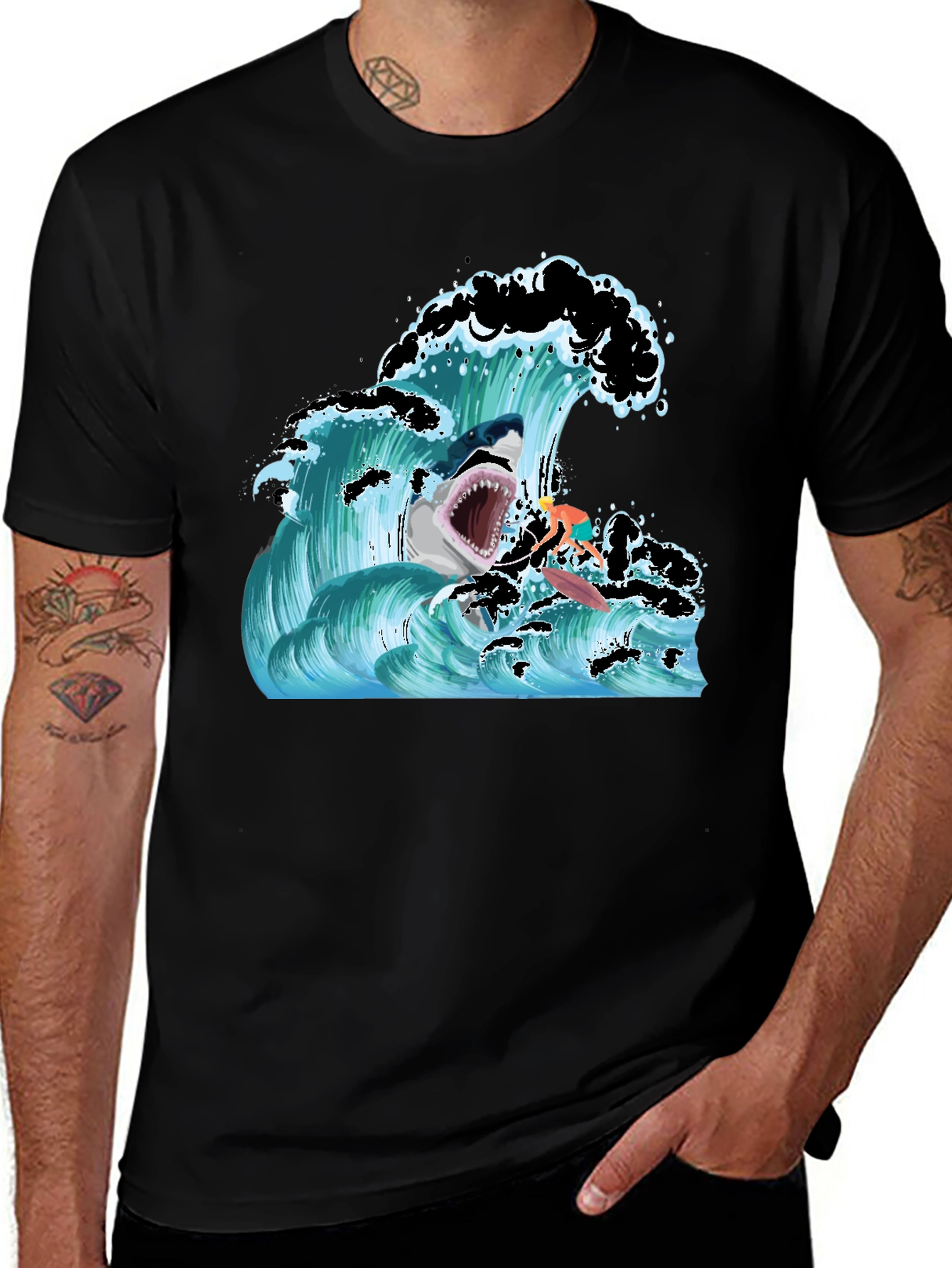 Variant 14 of Shark Wave Graphic T-Shirt - Black, Short Sleeve