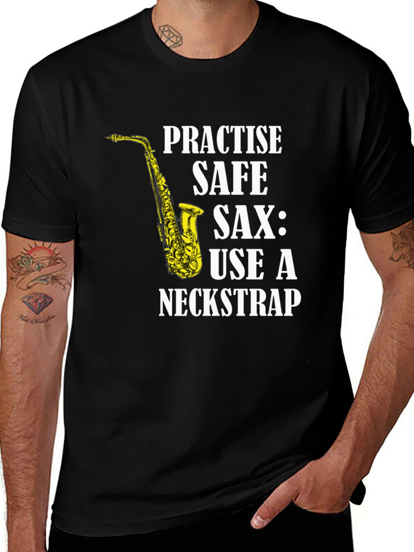 Black Practise Safe Saxophone T-Shirt - Use a Neckstrap main image