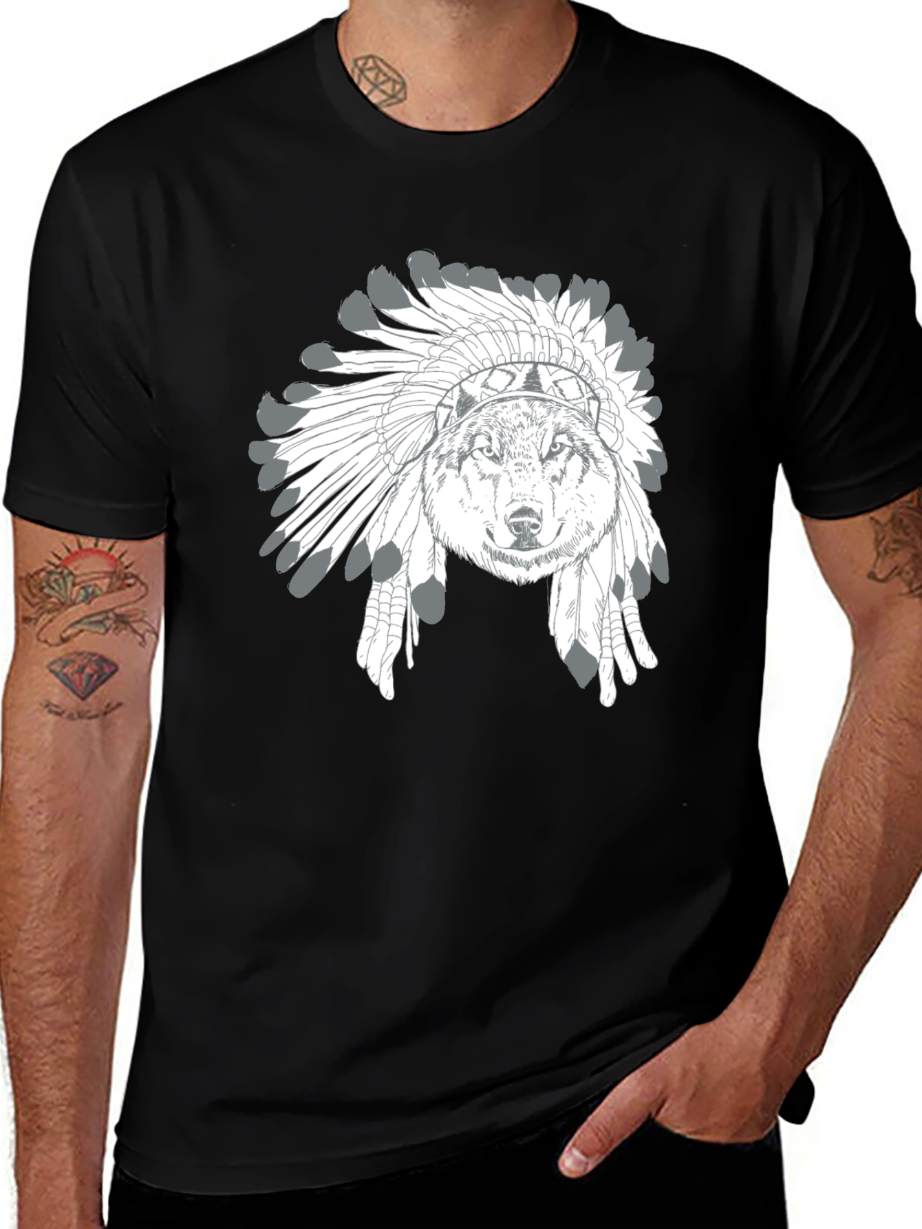 Variant 3 of Wolf Headdress Graphic T-Shirt - Black