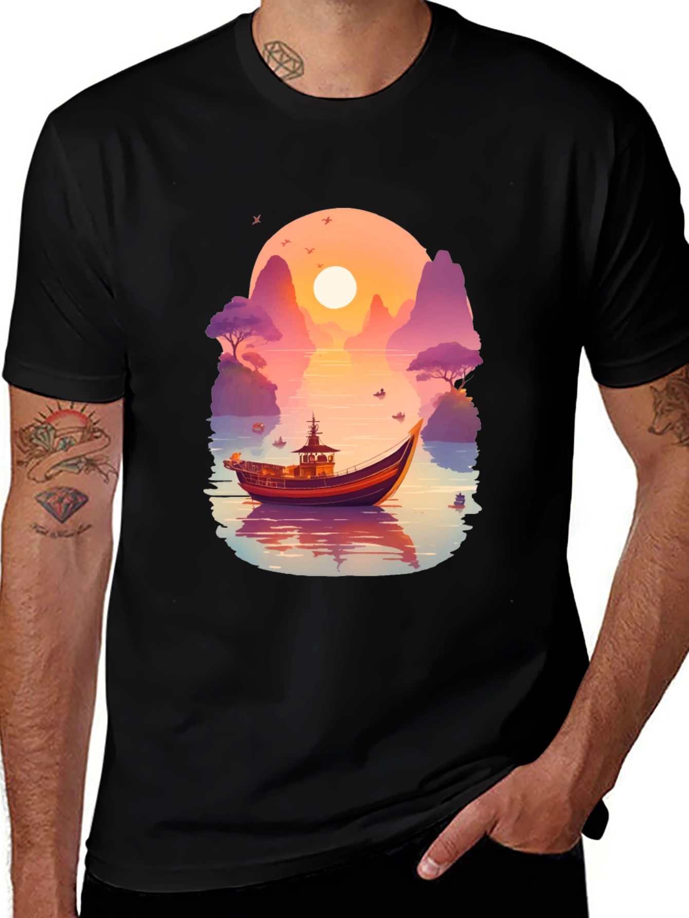 Variant 25 of Sunset Boat Graphic Tee - Nature Inspired Design