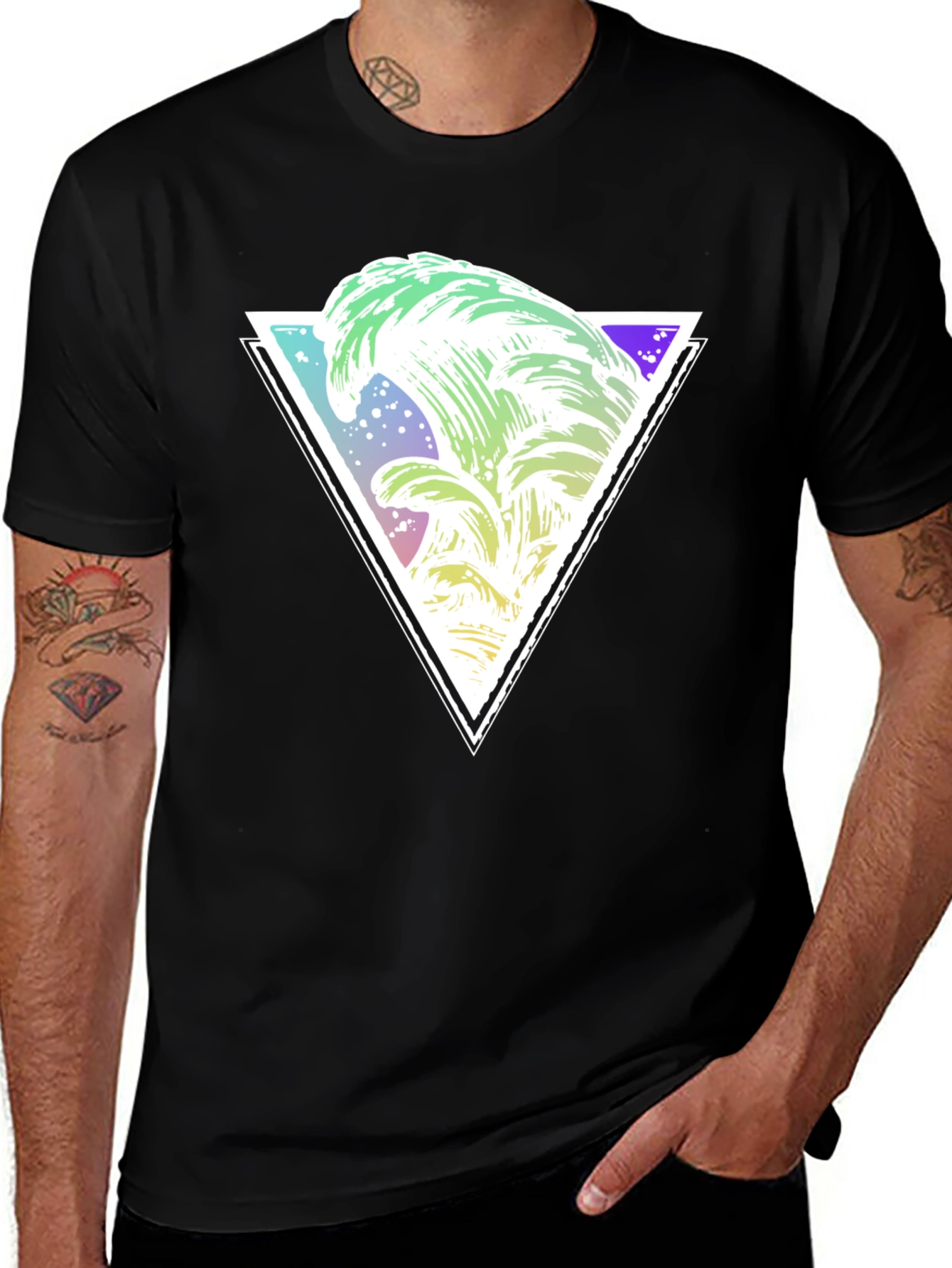 Geometric Wave Graphic Tee - Black Cotton Shirt