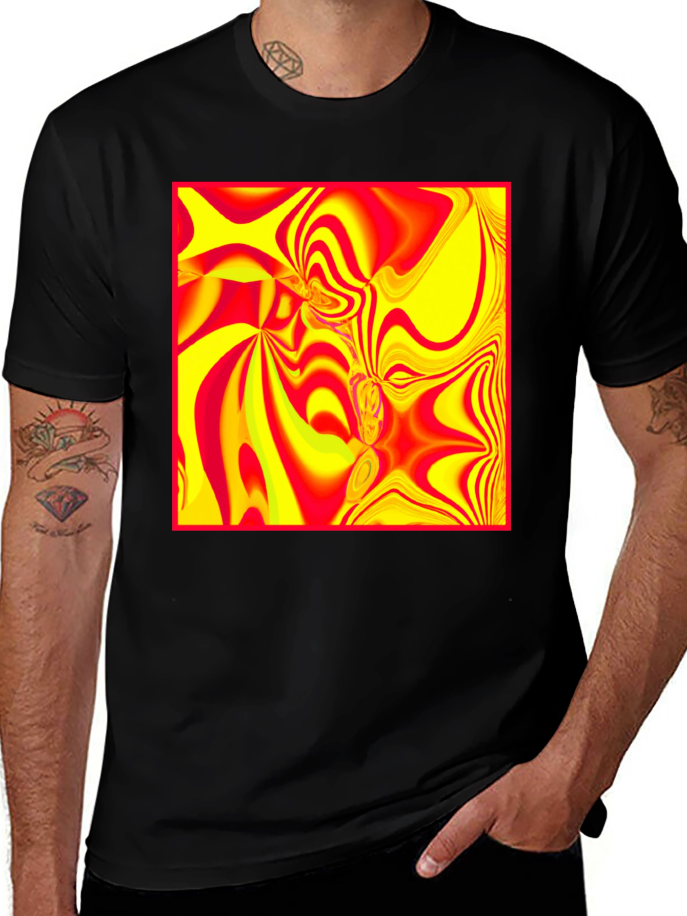 Variant 2 of Abstract Swirl Graphic Tee - Red & Yellow Modern Art Shirt