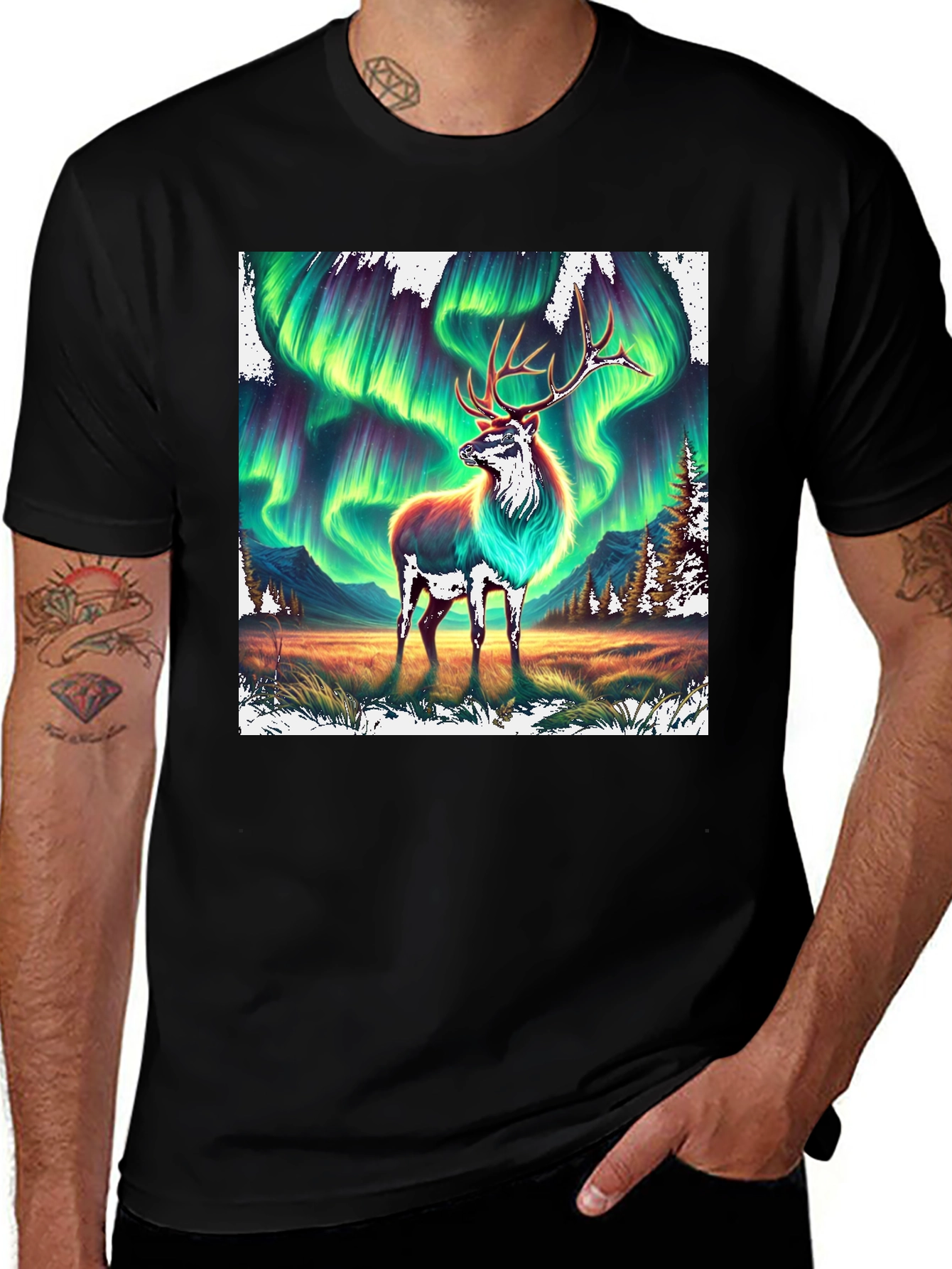 Variant 4 of Aurora Elk Graphic Tee - Northern Lights Design
