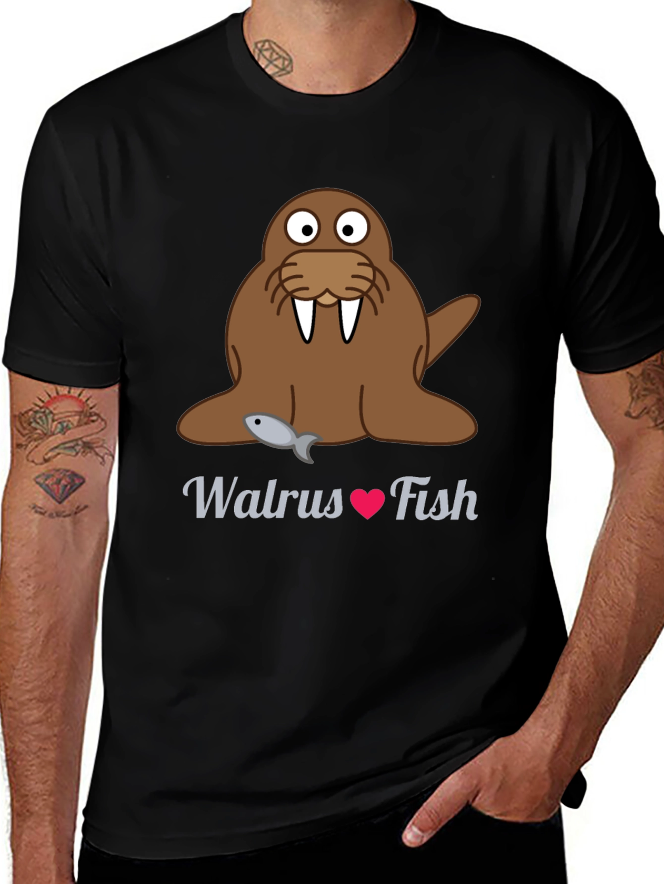 Walrus Loves Fish T-Shirt - Cute Cartoon Graphic Tee