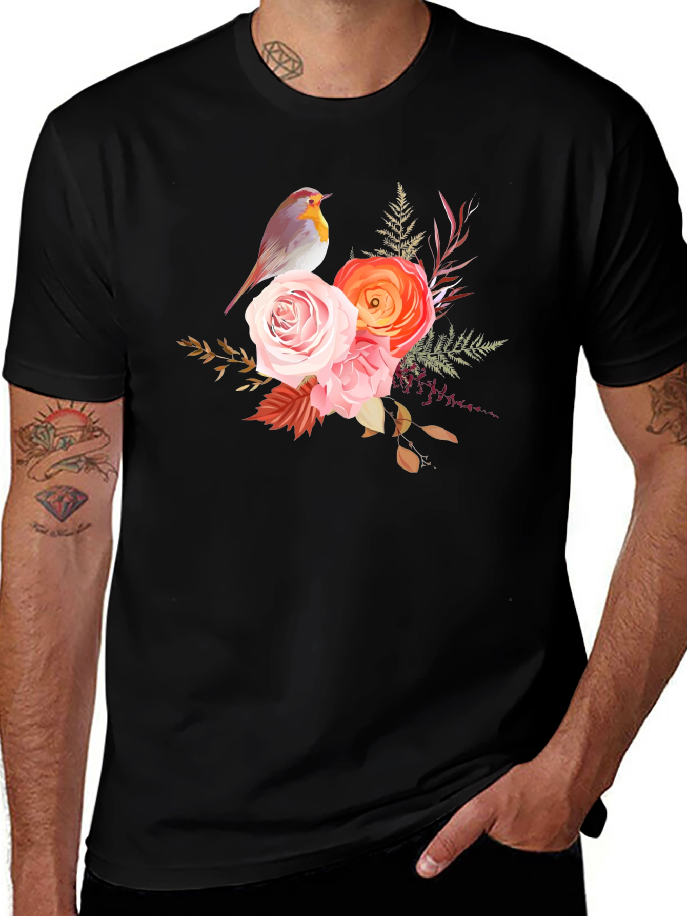 Variant 29 of Floral Bird Graphic Tee - Soft Black Cotton Casual Wear