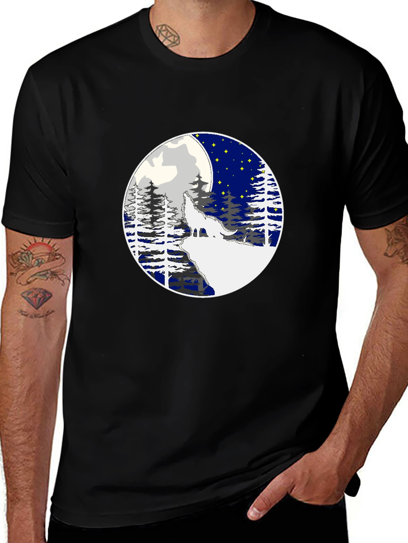 Variant 25 of Wolf Howling Moon Graphic Tee - Stylish Black T-Shirt