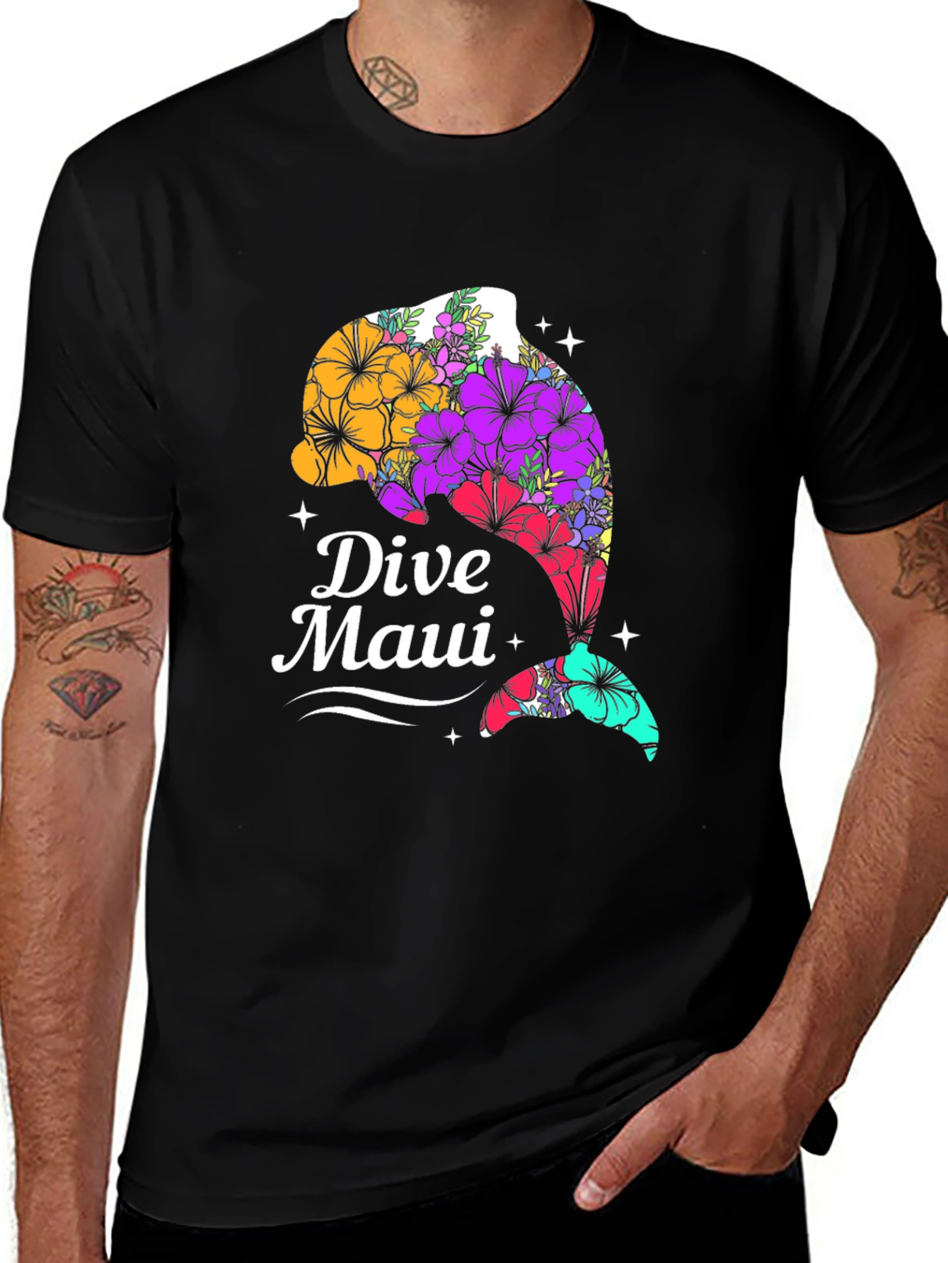 Dive Maui Floral Dolphin Graphic Tee - Black Cotton