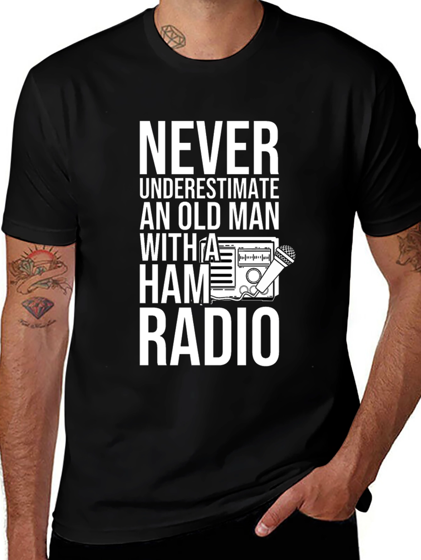Variant 23 of Never Underestimate Ham Radio Old Man T-Shirt