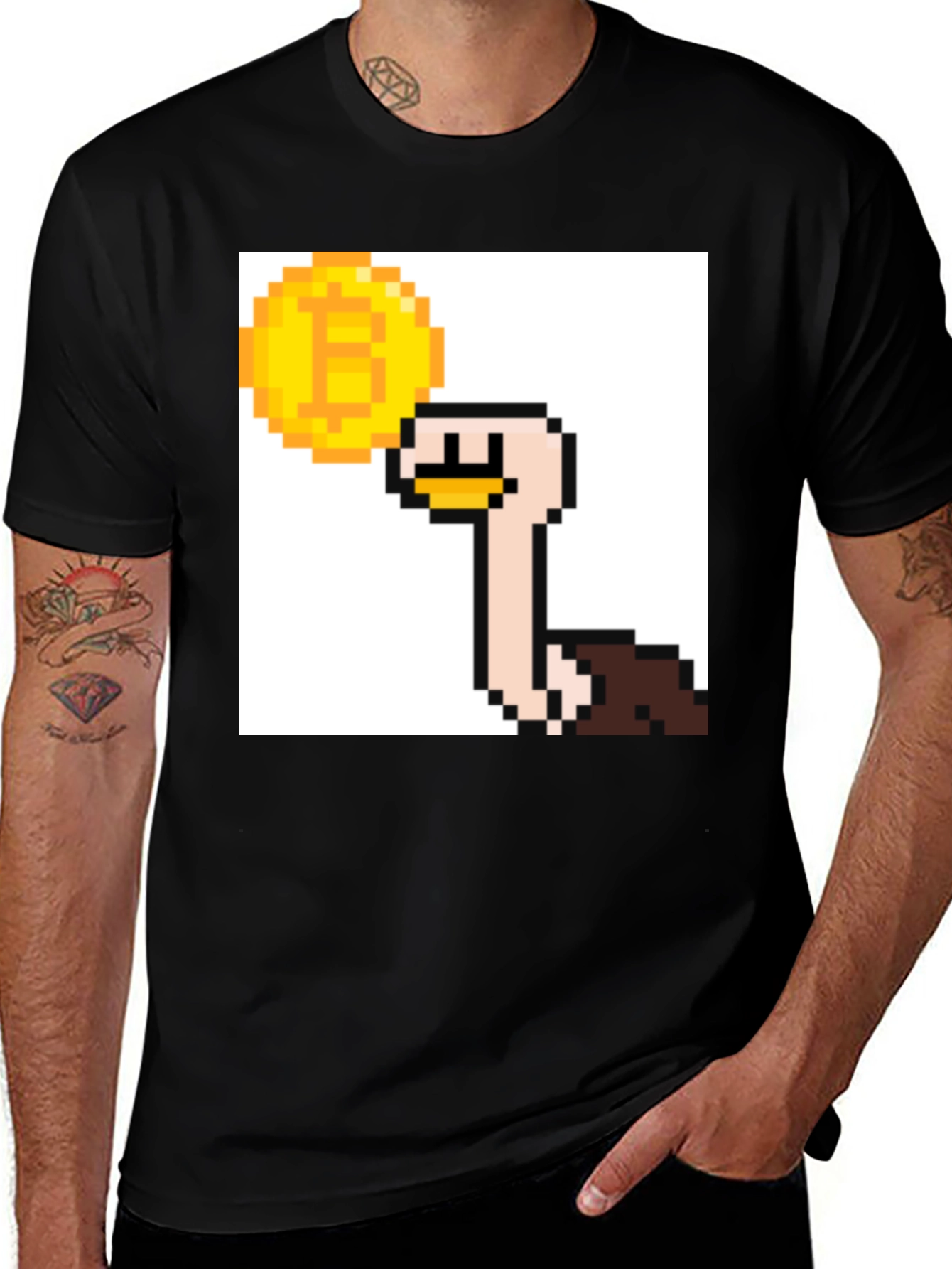 Variant 14 of Bitcoin Ostrich Pixel Art Black T-Shirt