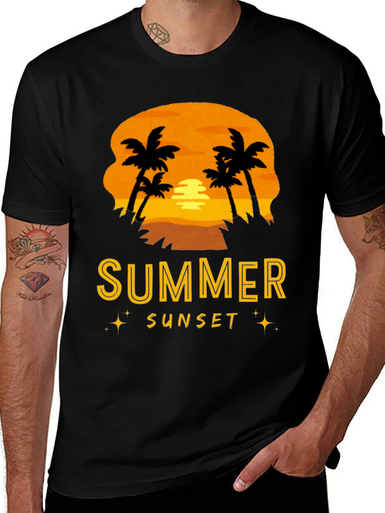 Variant 8 of Summer Sunset Graphic Tee - Black Cotton T-Shirt