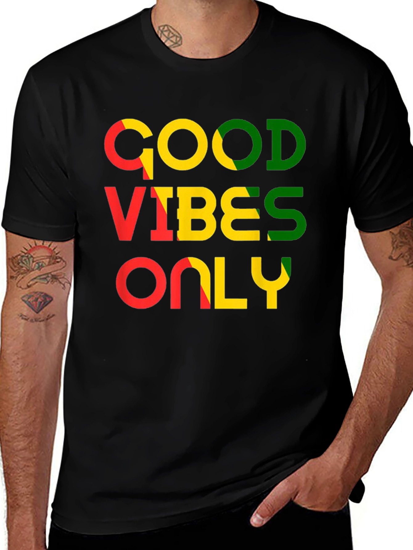 Variant 9 of Good Vibes Only Graphic T-Shirt - Rasta Colors