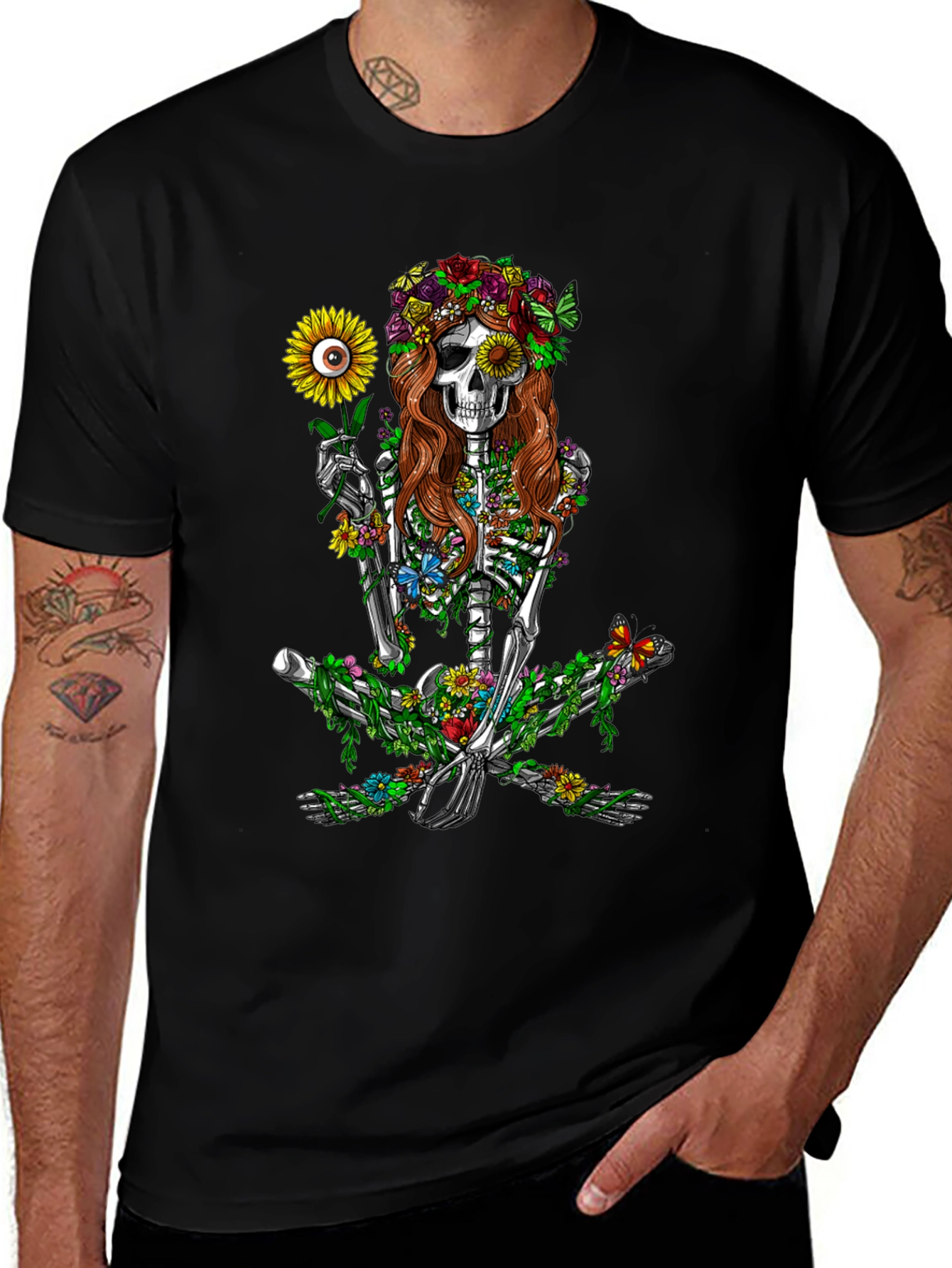 Variant 12 of Floral Skeleton Graphic T-Shirt - Unisex Black Tee