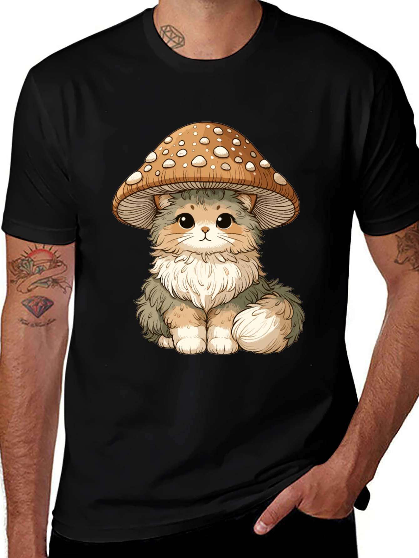 Variant 27 of Mushroom Cat T-Shirt - Black Cotton Graphic Tee