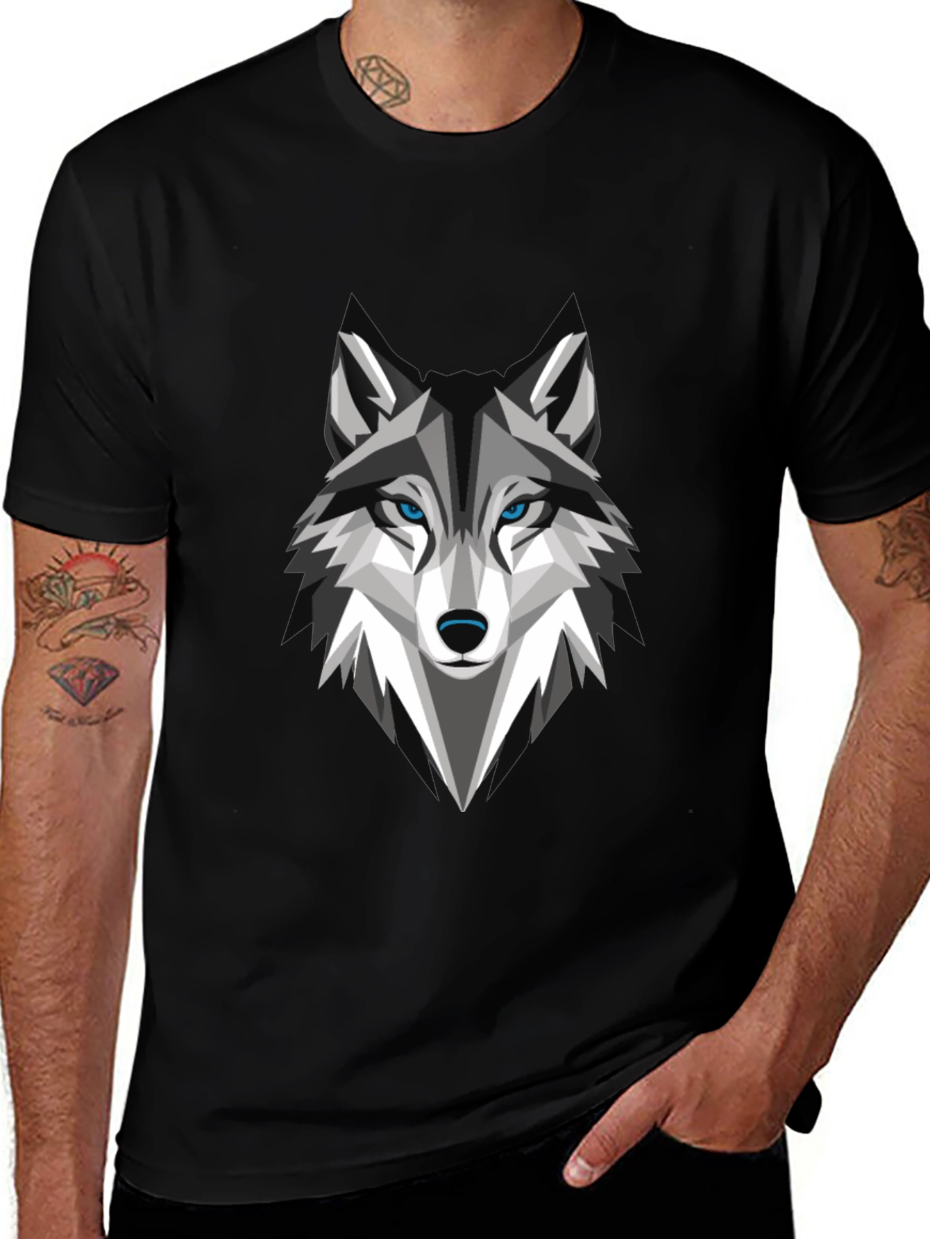 Variant 4 of Geometric Wolf Graphic Tee - Stylish Men's Black T-Shirt