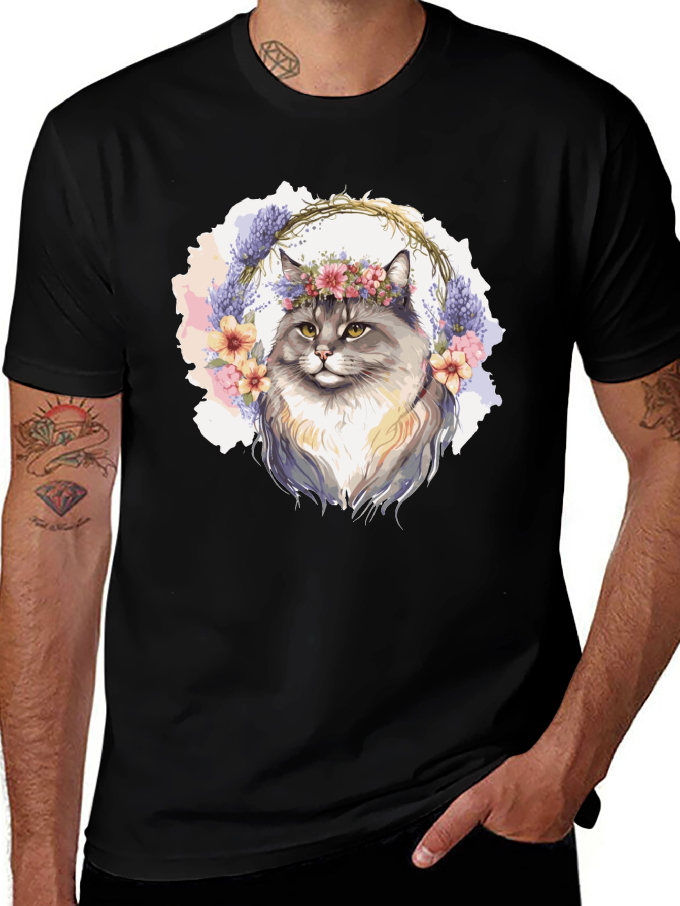 Variant 29 of Cat with Flower Crown Black T-Shirt