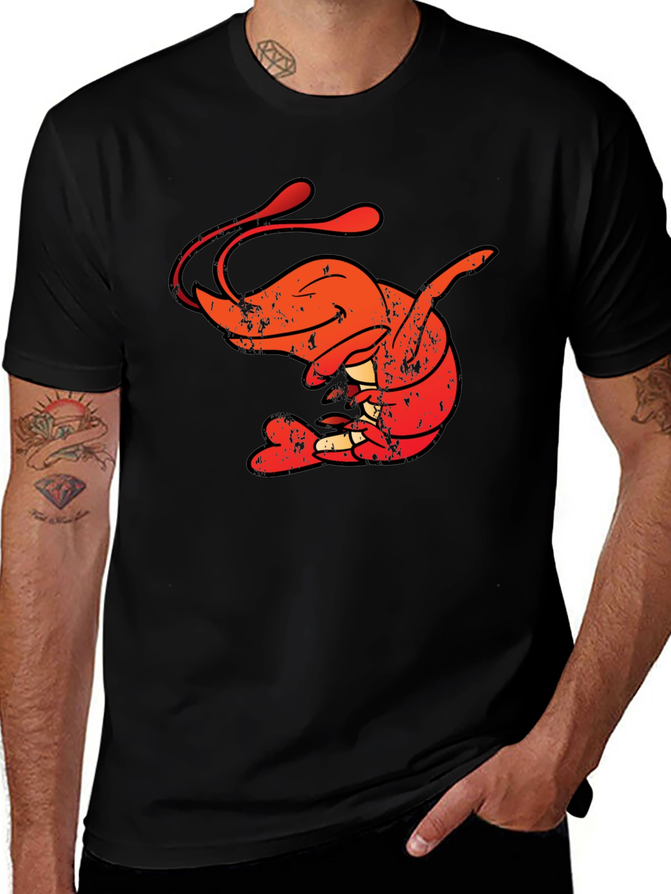 Variant 26 of Shrimp Graphic Tee - Black T-Shirt with Red Shrimp