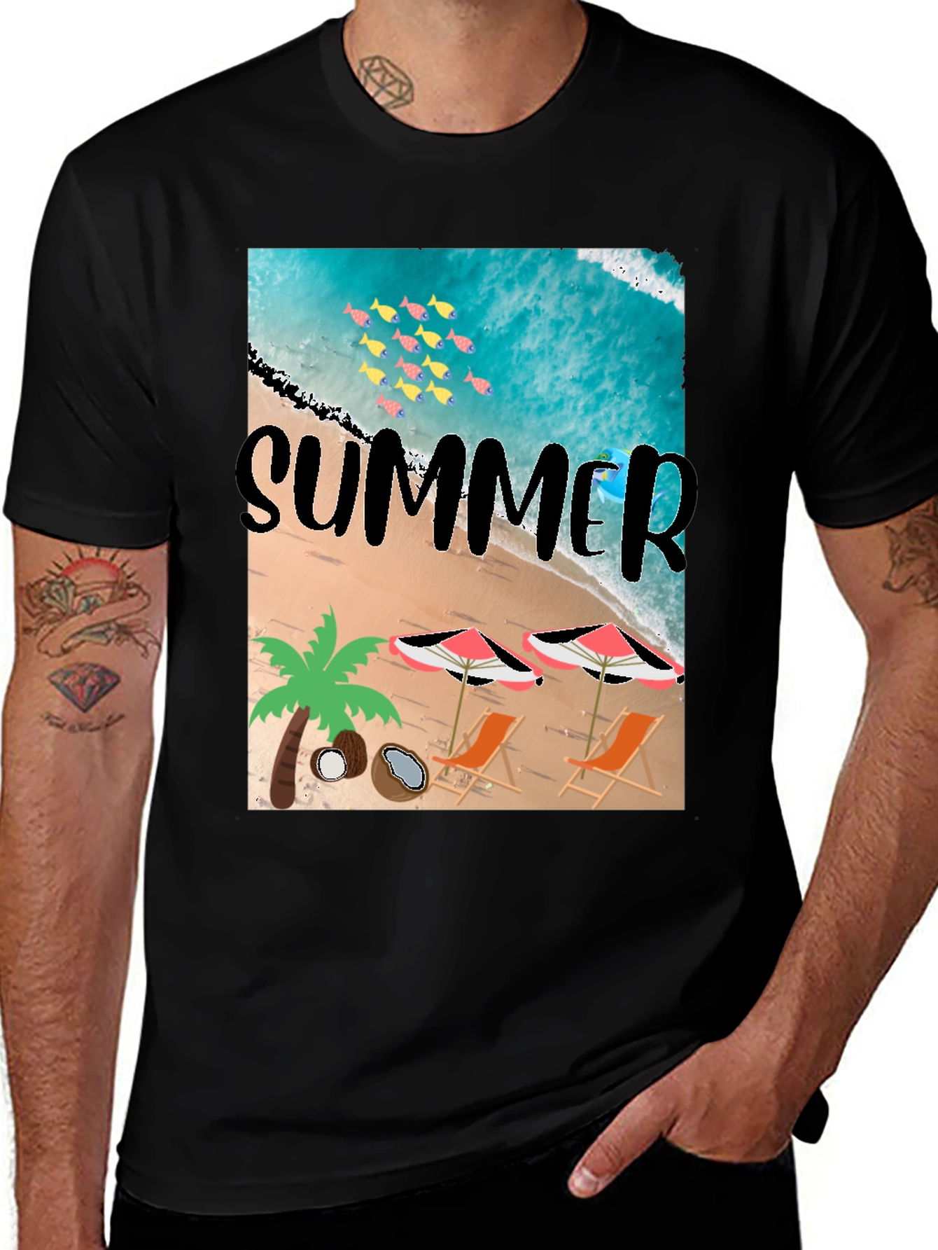 Variant 27 of Summer Beach Print Black T-Shirt