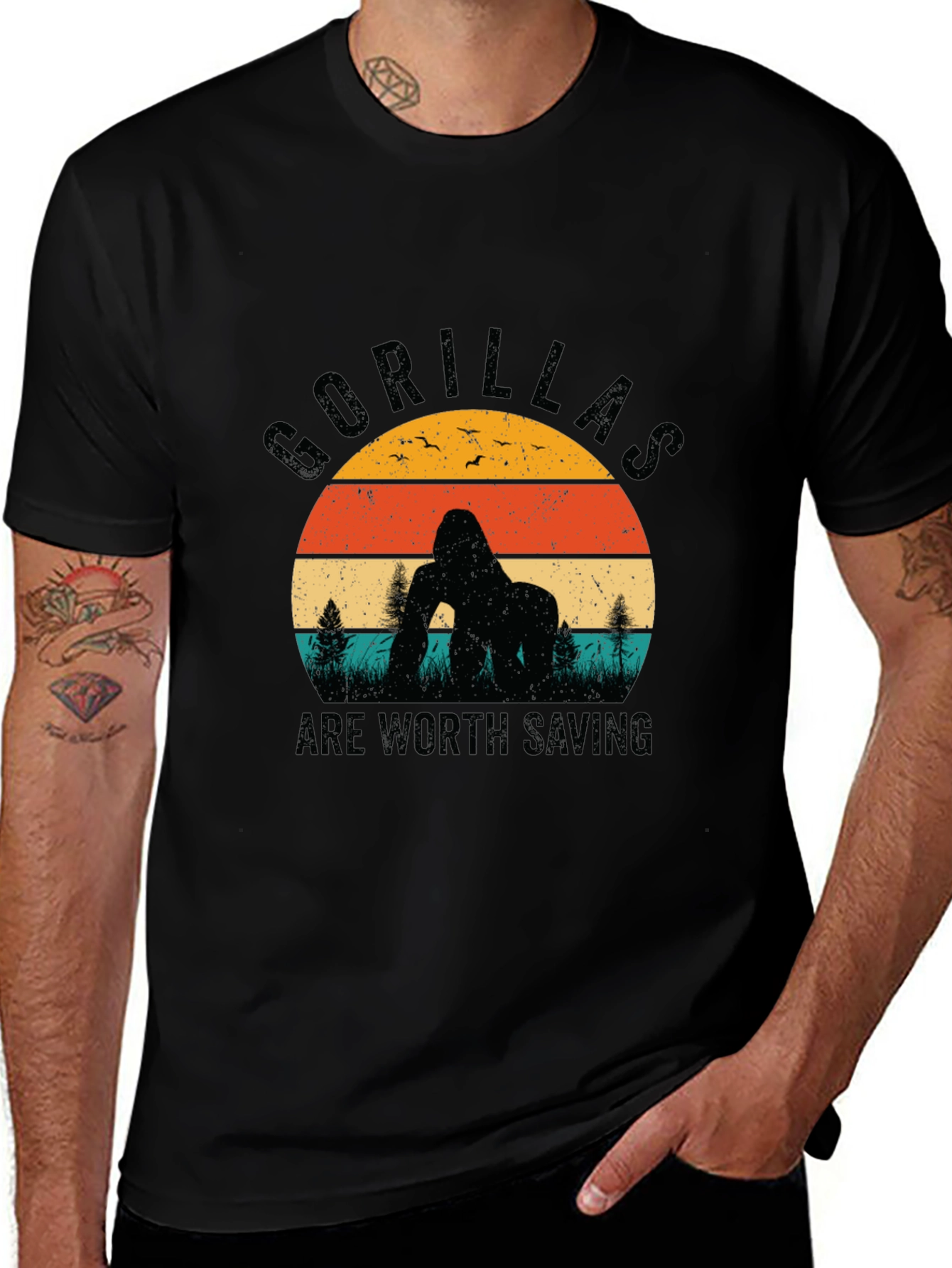 Variant 9 of Gorilla Conservation T-Shirt Retro Sunset Design