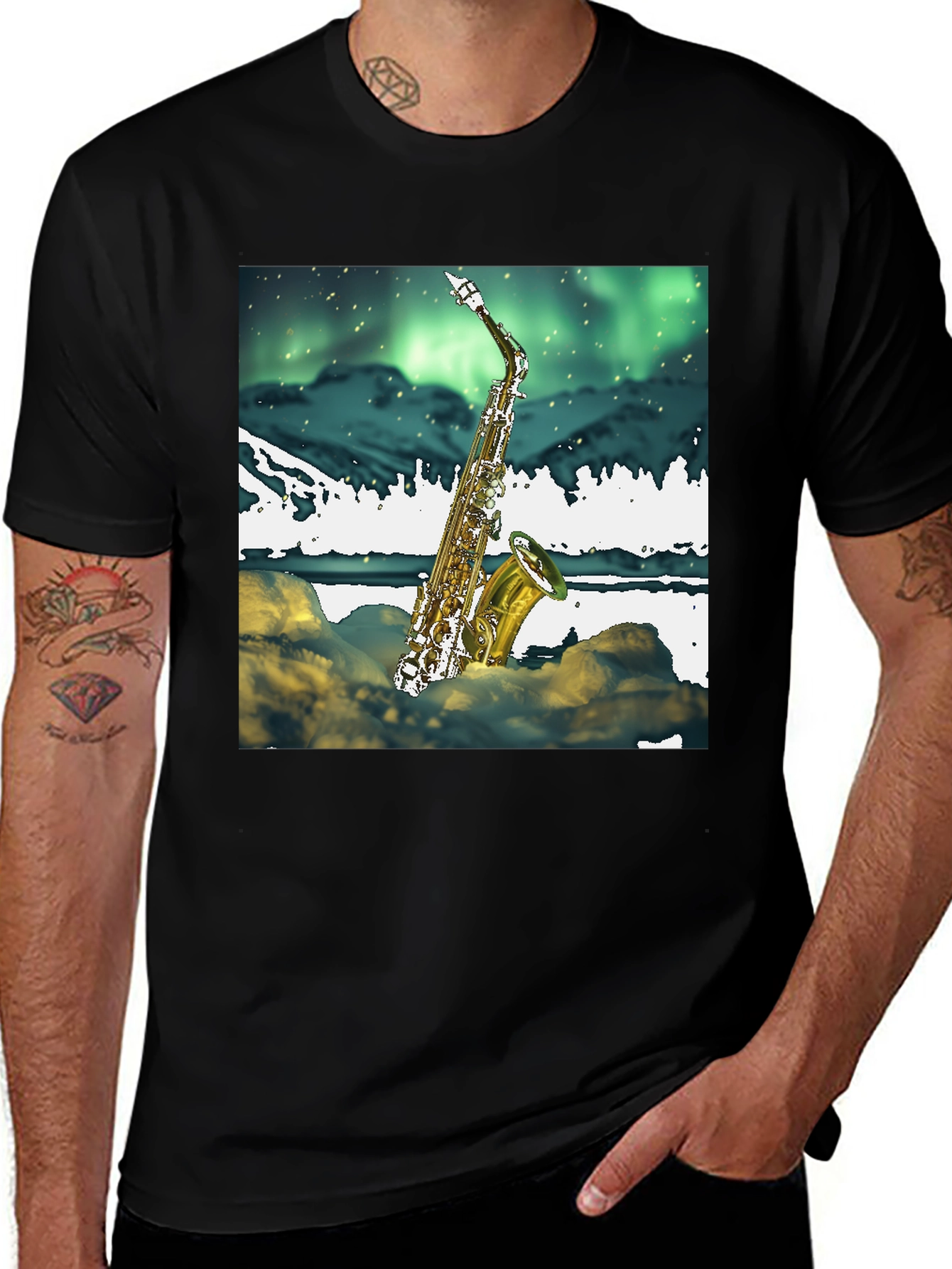 Saxophone Northern Lights Graphic Tee